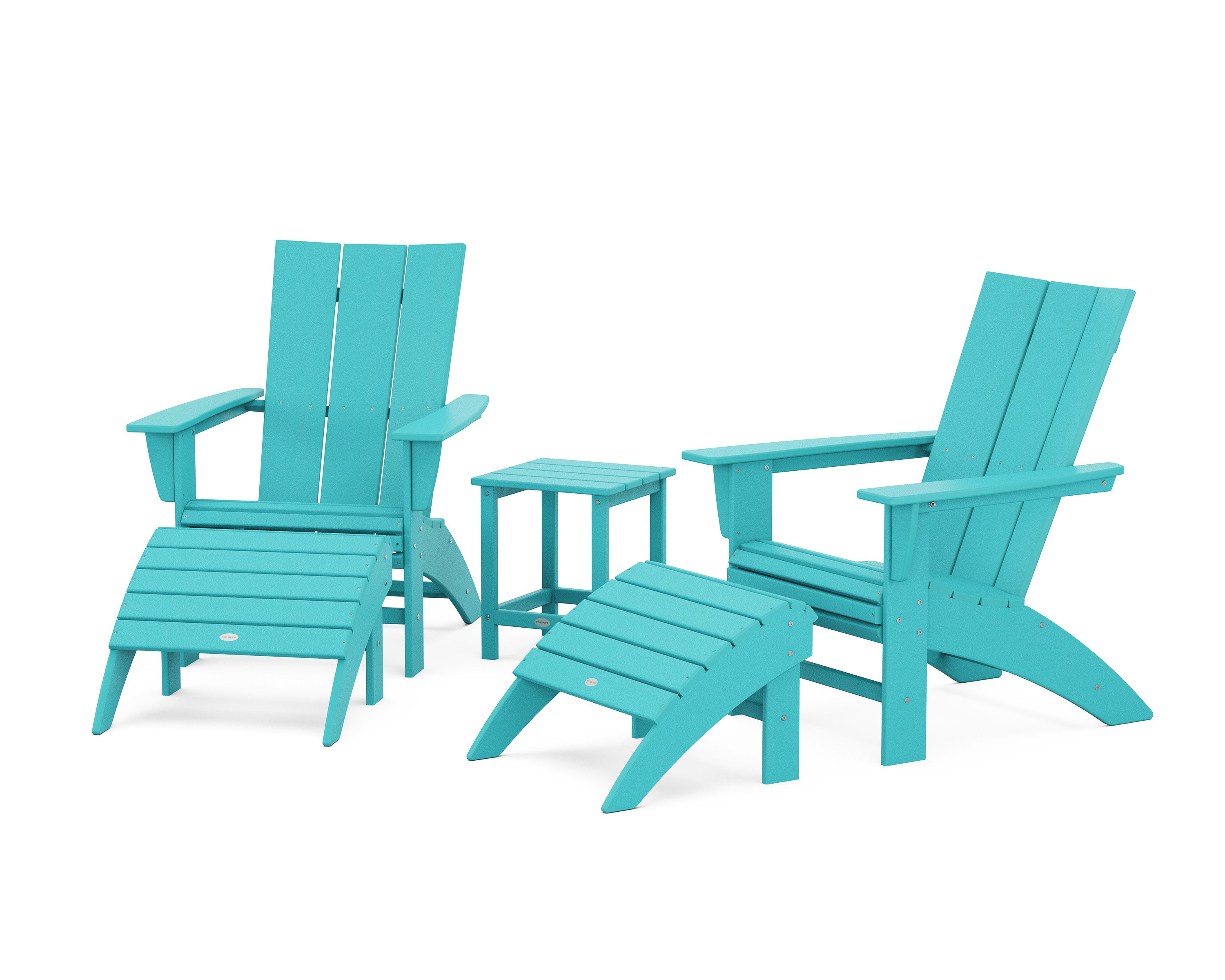 Modern Curveback Adirondack Chair 5-Piece Set with Ottomans and 18" Side Table in Aruba