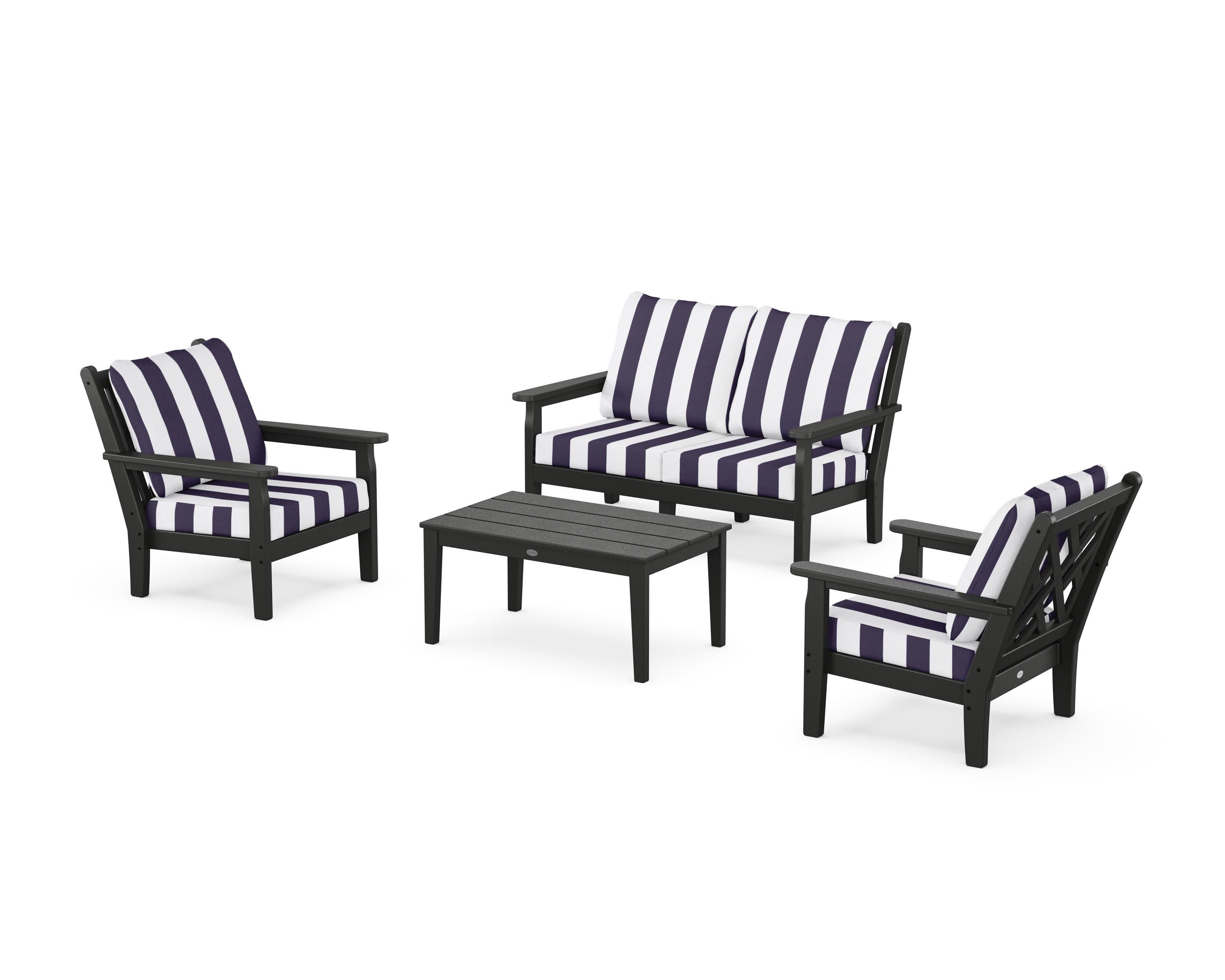 Chippendale 4-Piece Deep Seating Set with Loveseat in Black / Cabana Stripe Navy