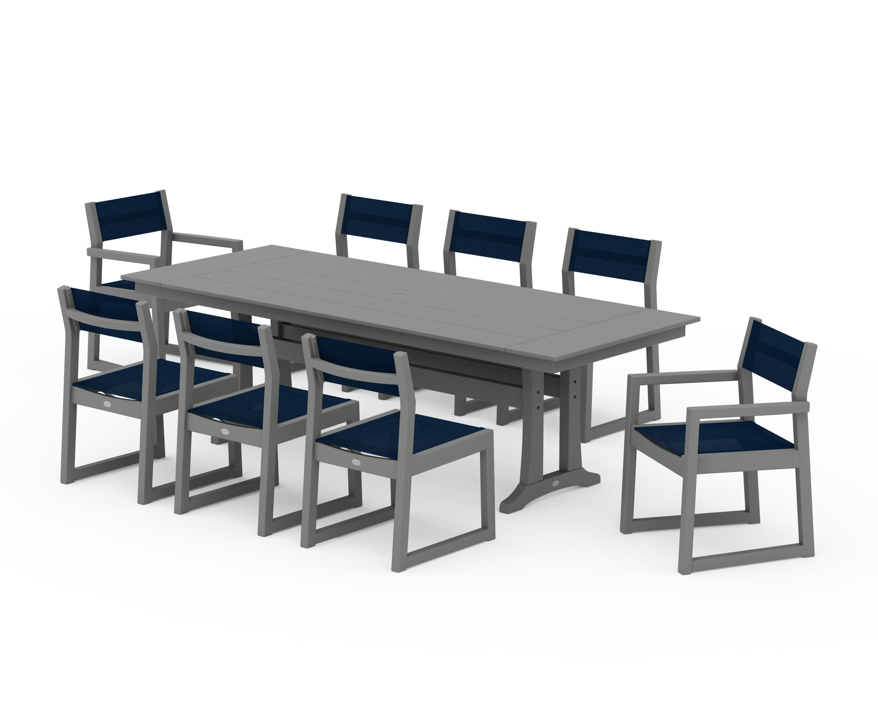 EDGE Sling 9-Piece Farmhouse Trestle Dining Set in Slate Grey / Navy Blue Sling