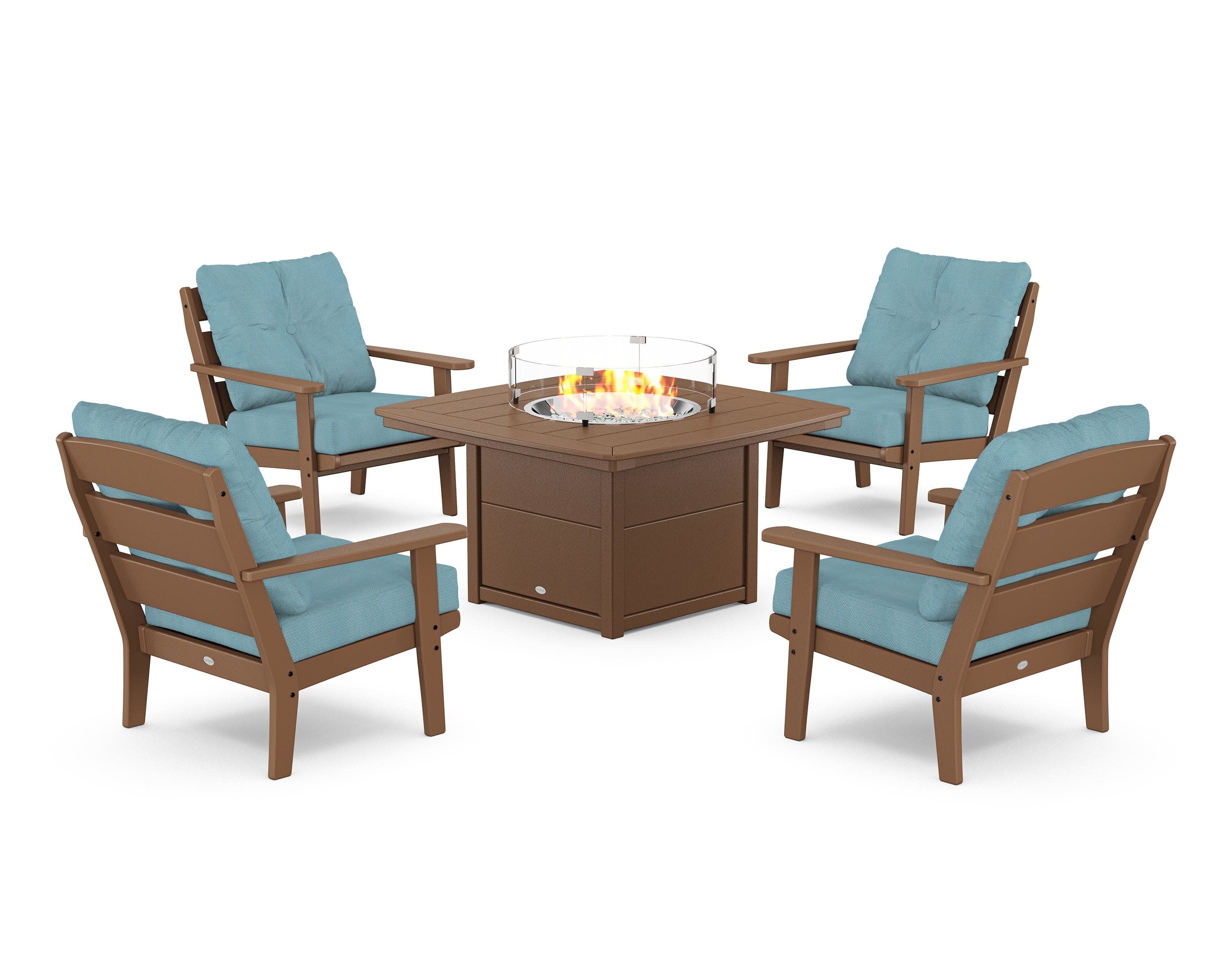 Lakeside 5-Piece Deep Seating Set with Nautical Fire Pit Table in Teak / Lattice Sky Blue