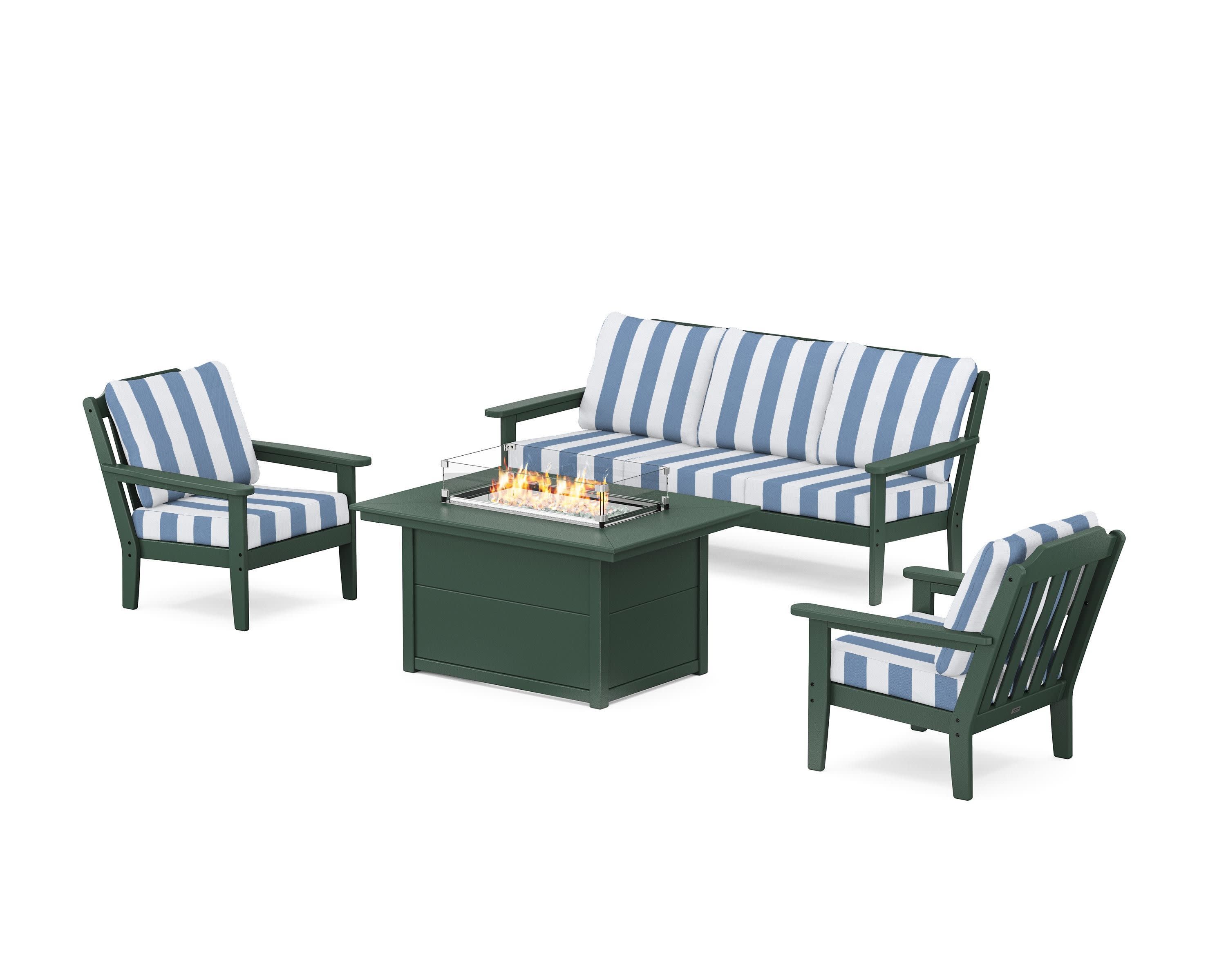 Cottage Deep Seating Fire Pit Table Set in Green / Cabana Stripe Sky Blue