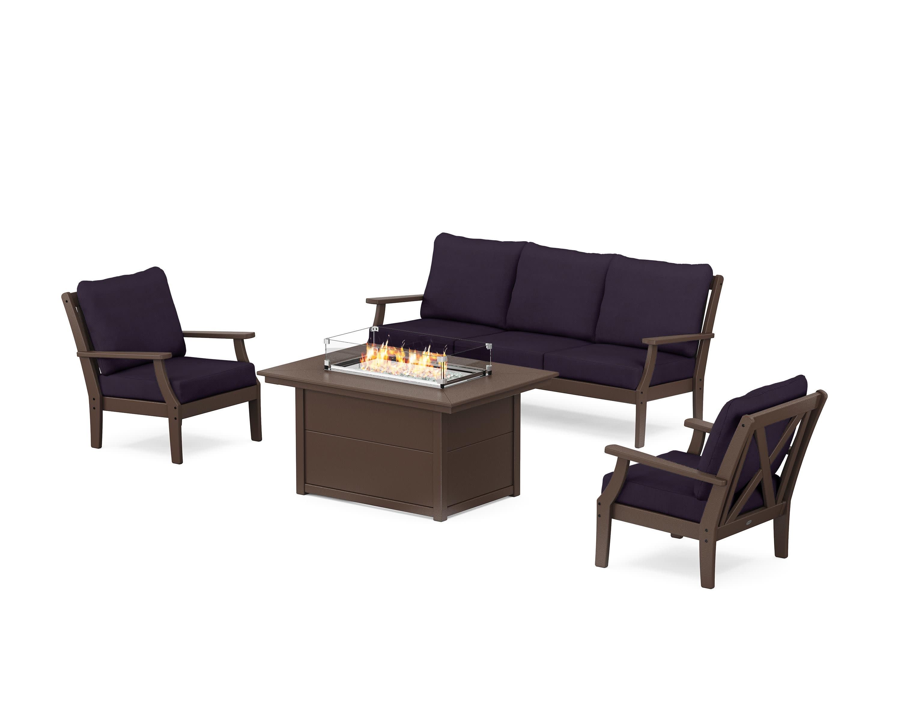 Braxton Deep Seating Fire Pit Table Set in Mahogany / Navy Linen