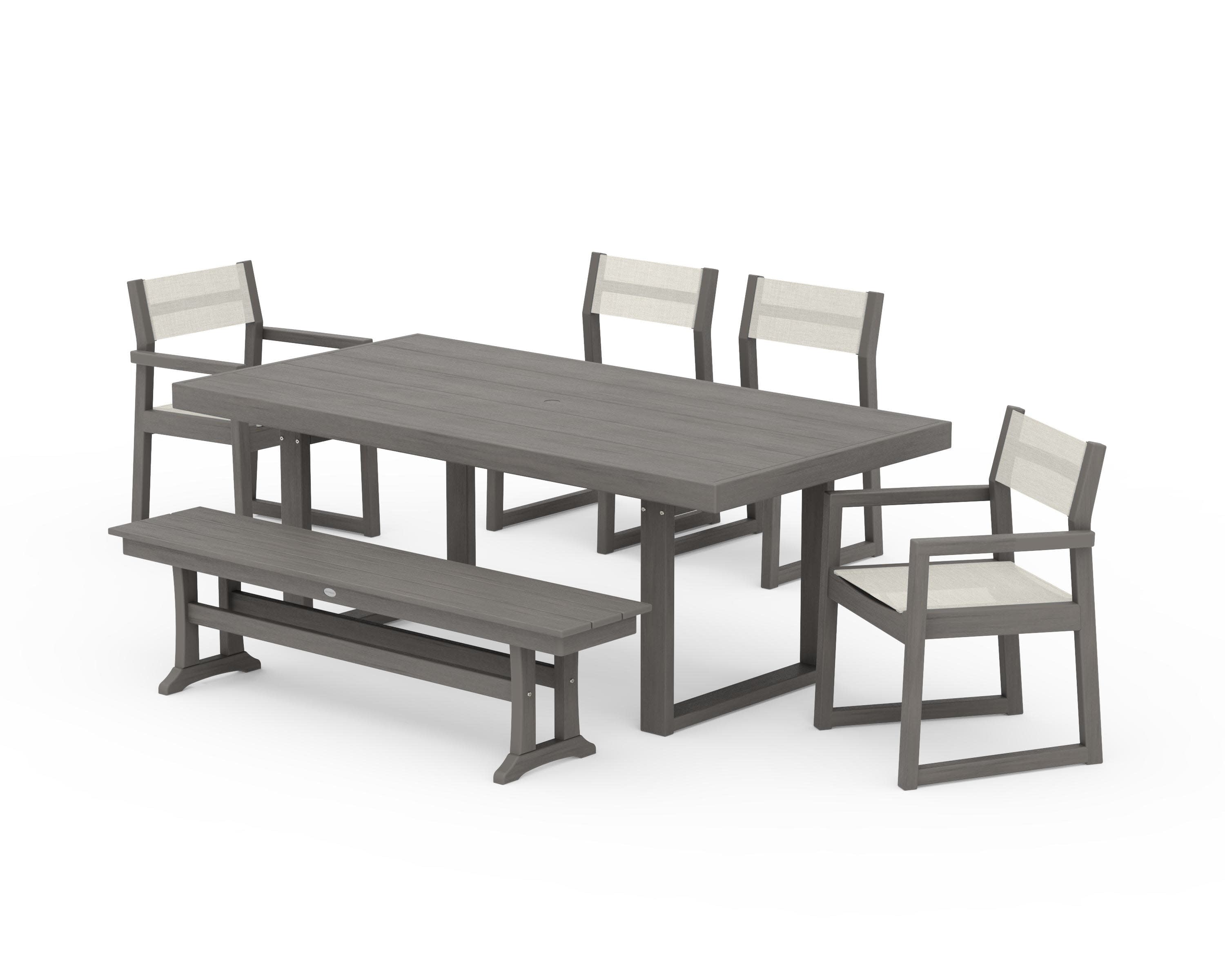 EDGE Sling 6-Piece Dining Set with Bench in Driftwood / Parchment Sling