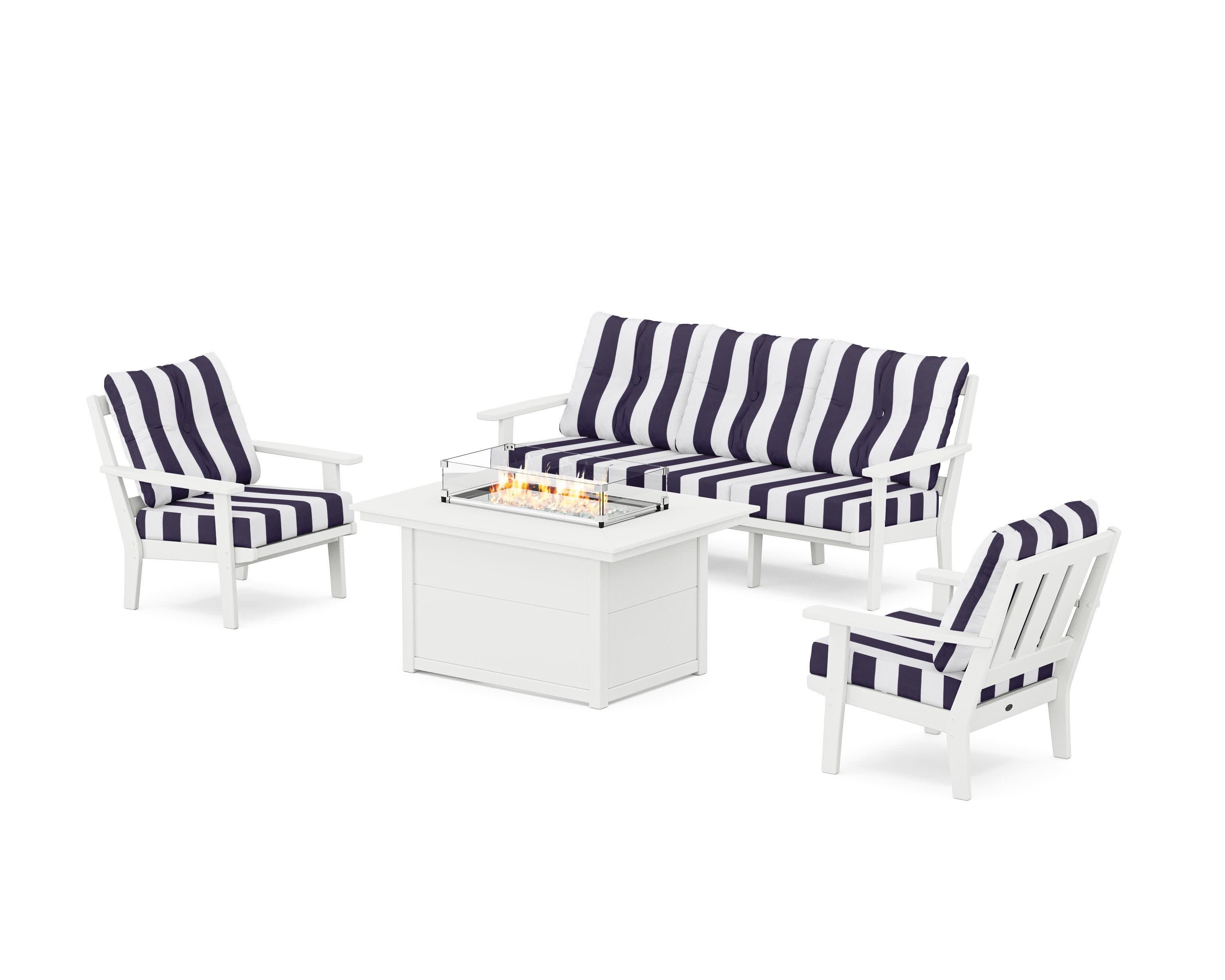 Oxford Deep Seating Fire Pit Table Set in White / Cabana Stripe Navy