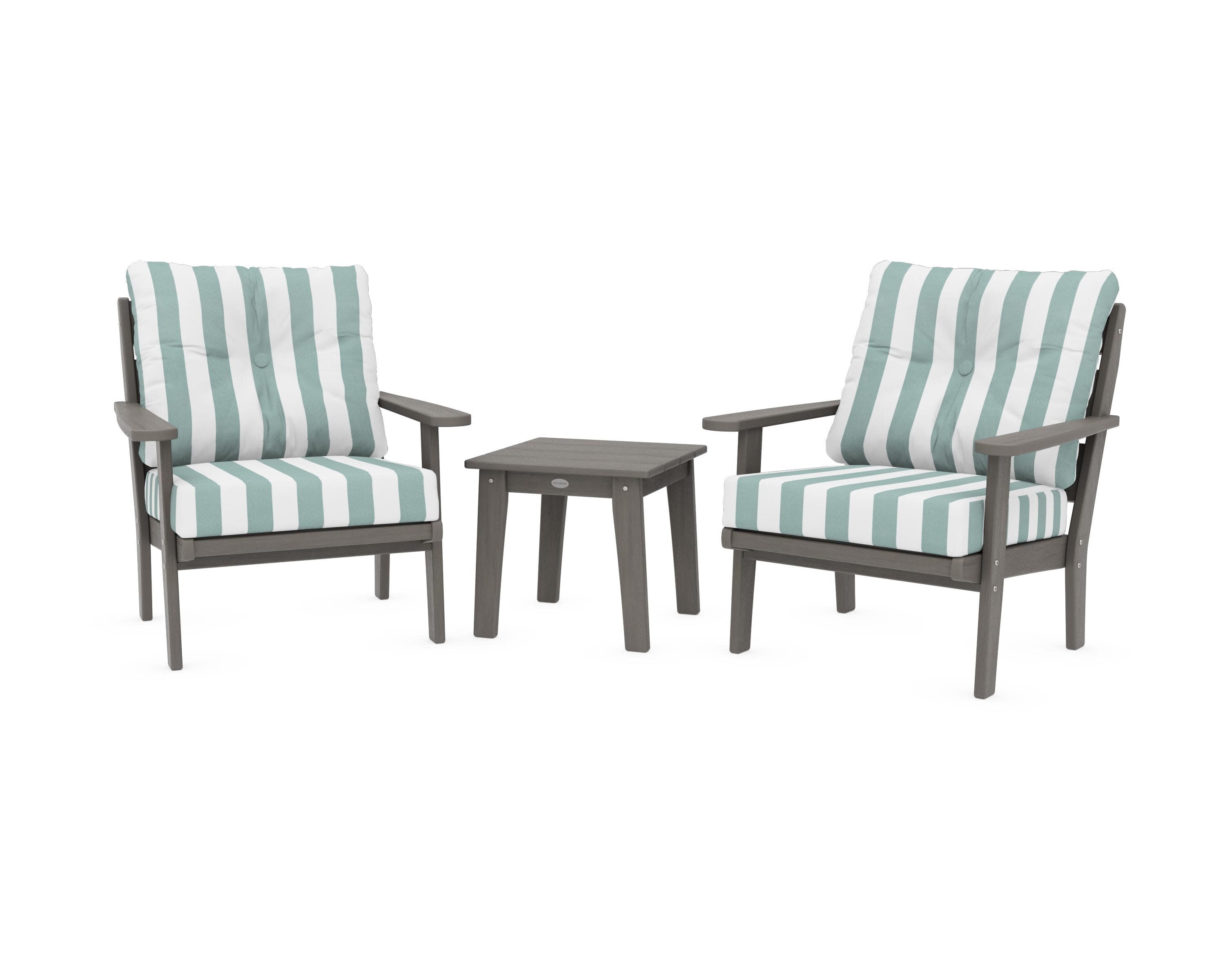 Lakeside 3-Piece Deep Seating Chair Set in Driftwood / Cabana Stripe Glacier Spa
