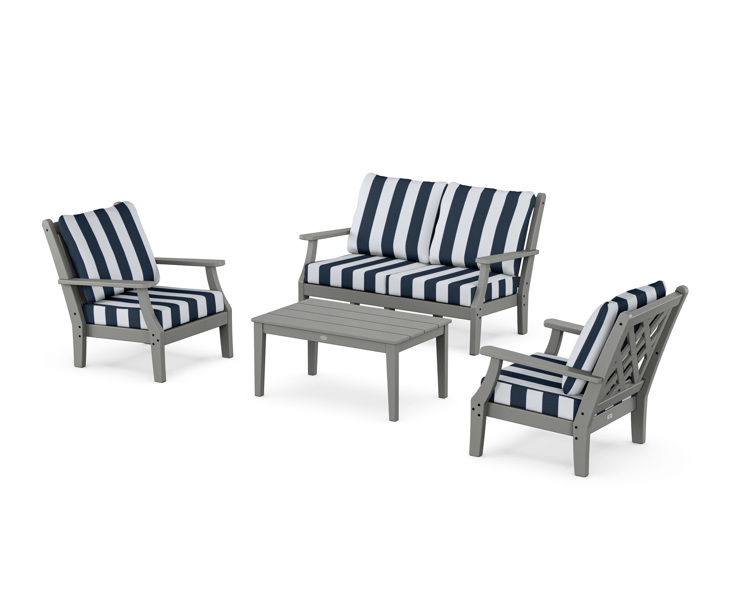 Wovendale 4-Piece Deep Seating Set with Loveseat in Slate Grey / Cabana Stripe Marine Indigo