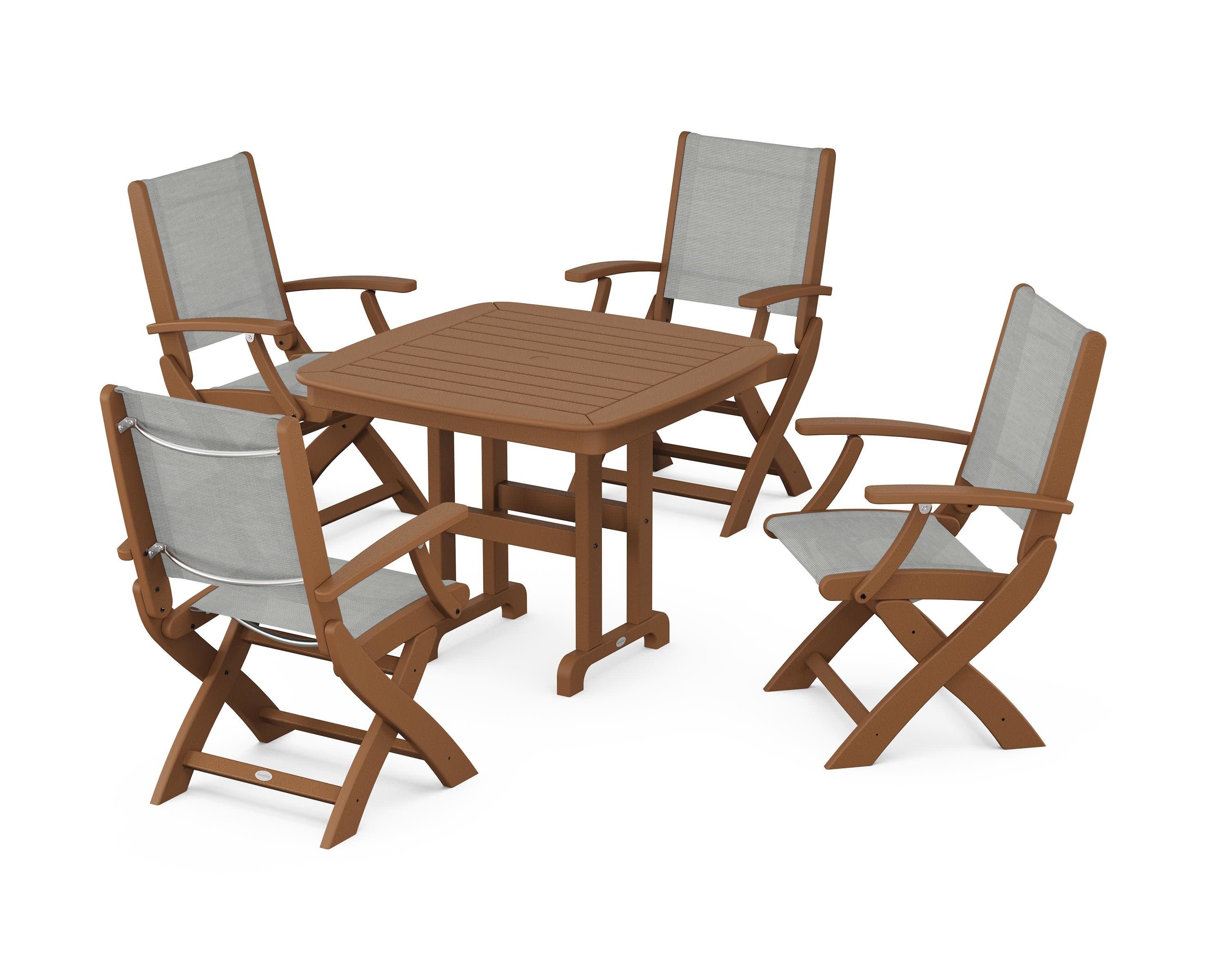 Coastal Folding Chair 5-Piece Dining Set in Teak / Metallic Sling