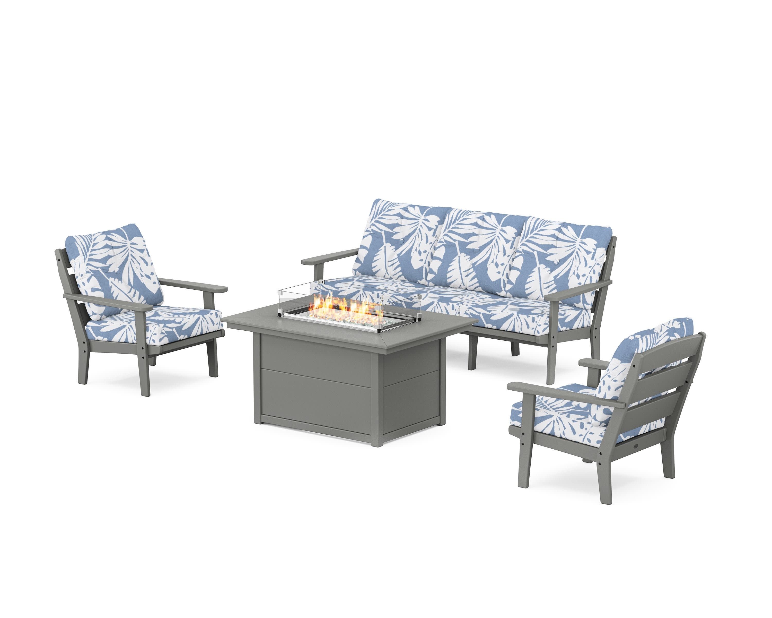 Lakeside Deep Seating Fire Pit Table Set in Slate Grey / Leaf Sky Blue