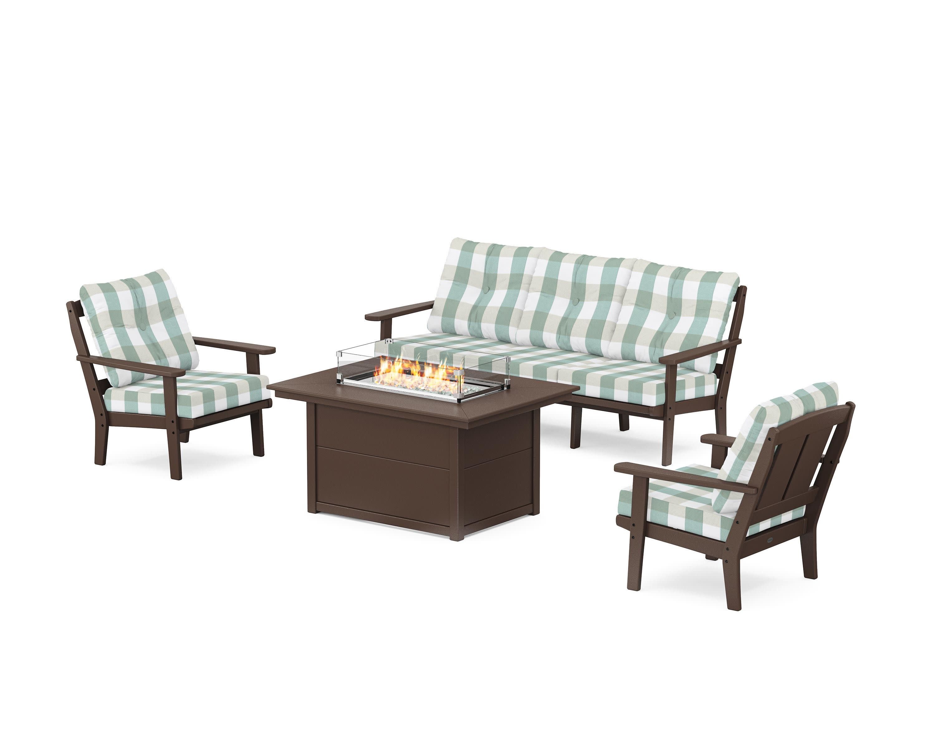 Mission Deep Seating Fire Pit Table Set in Mahogany / Buffalo Plaid Glacier Spa