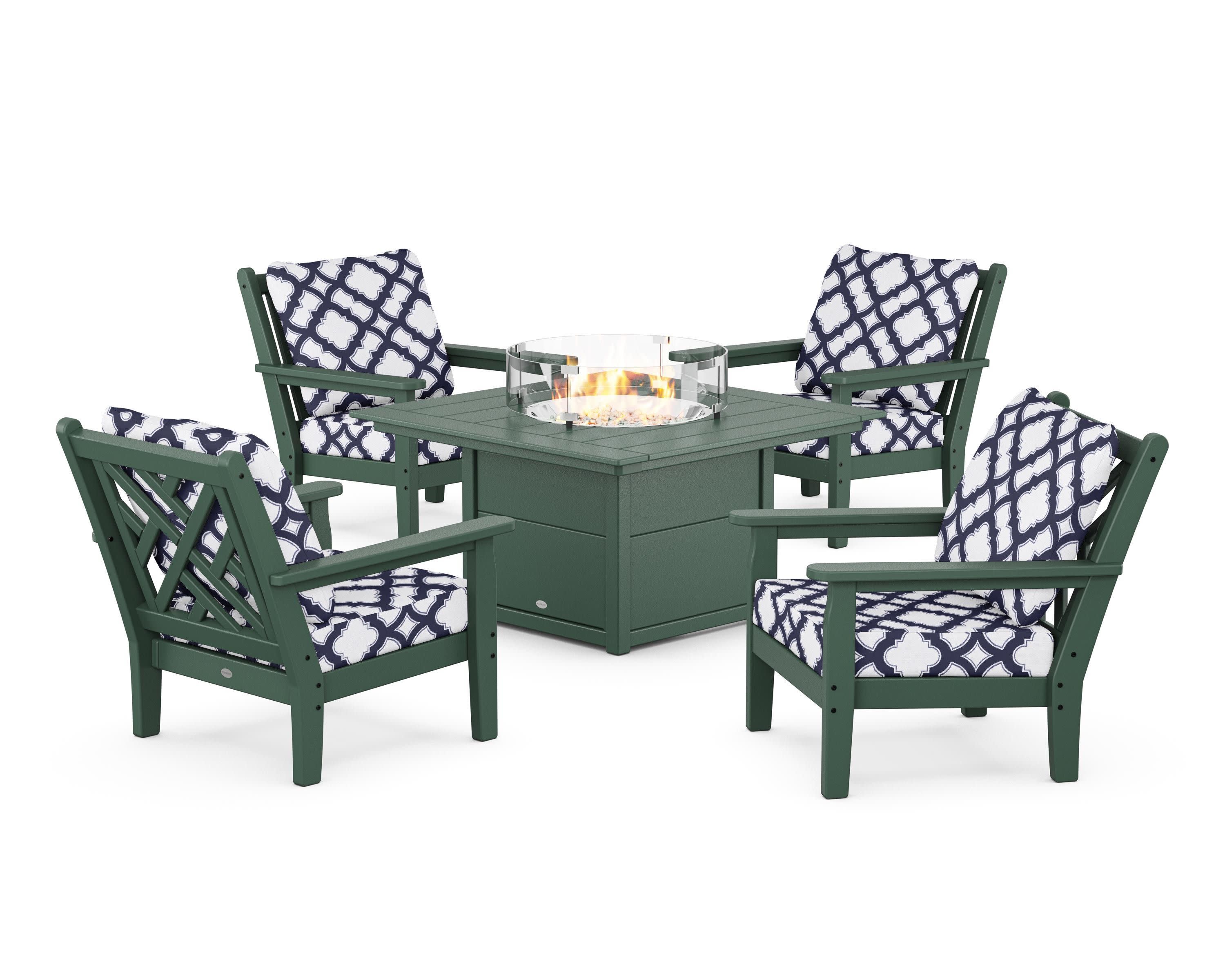 Chippendale 5-Piece Deep Seating Set with Fire Pit Table in Green / Trellis Navy