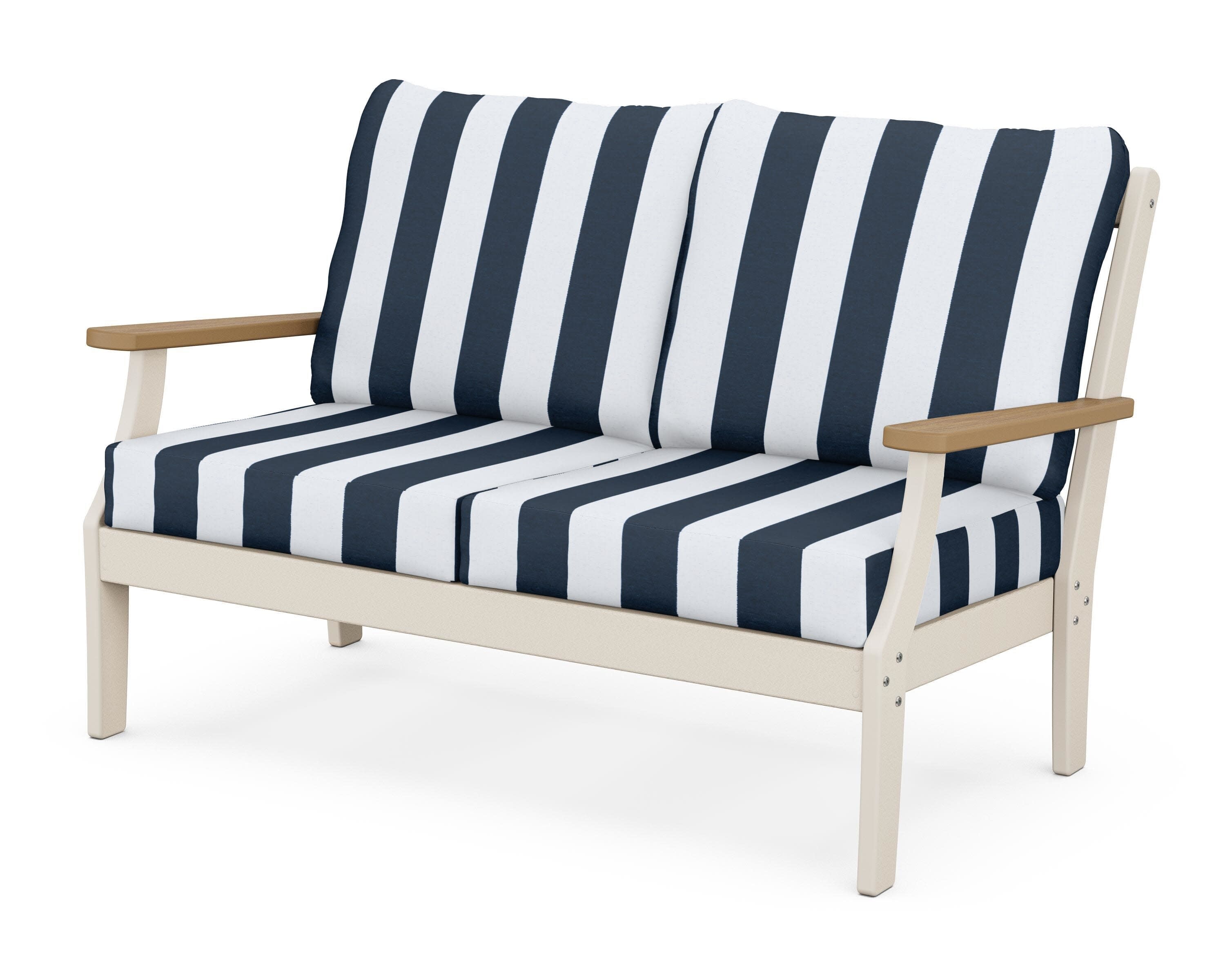 Braxton Deep Seating Loveseat in Sand / Natural / Cabana Stripe Marine Indigo