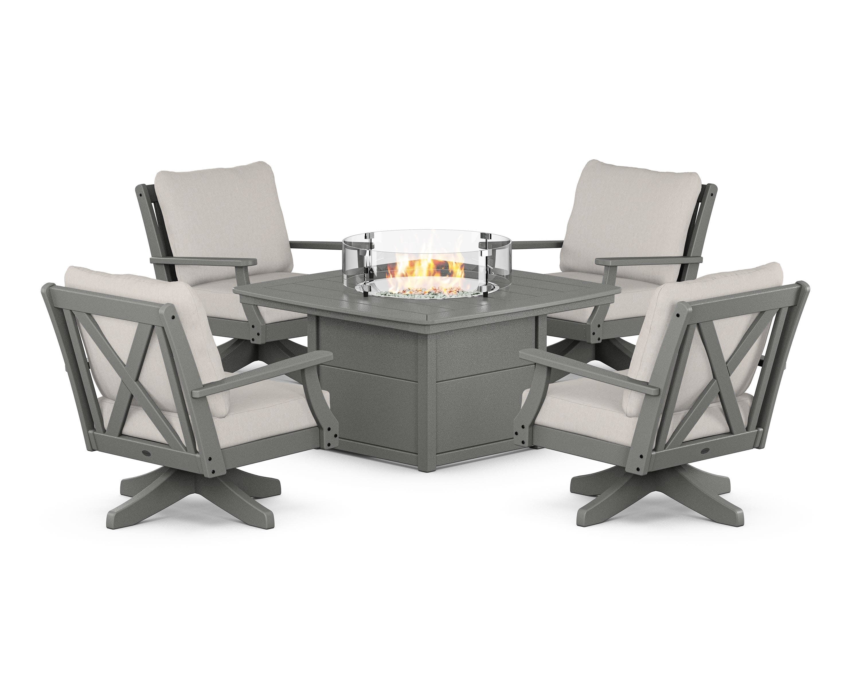 Braxton 5-Piece Deep Seating Swivel Conversation Set with Fire Pit Table in Slate Grey / Cast Ash