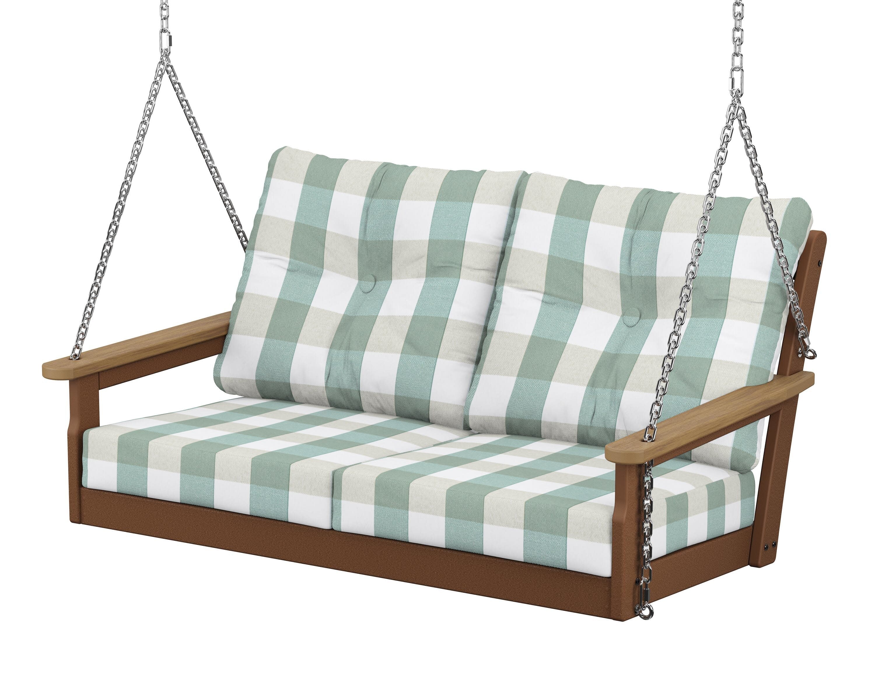 Vineyard Deep Seating Swing in Teak / Natural / Buffalo Plaid Glacier Spa