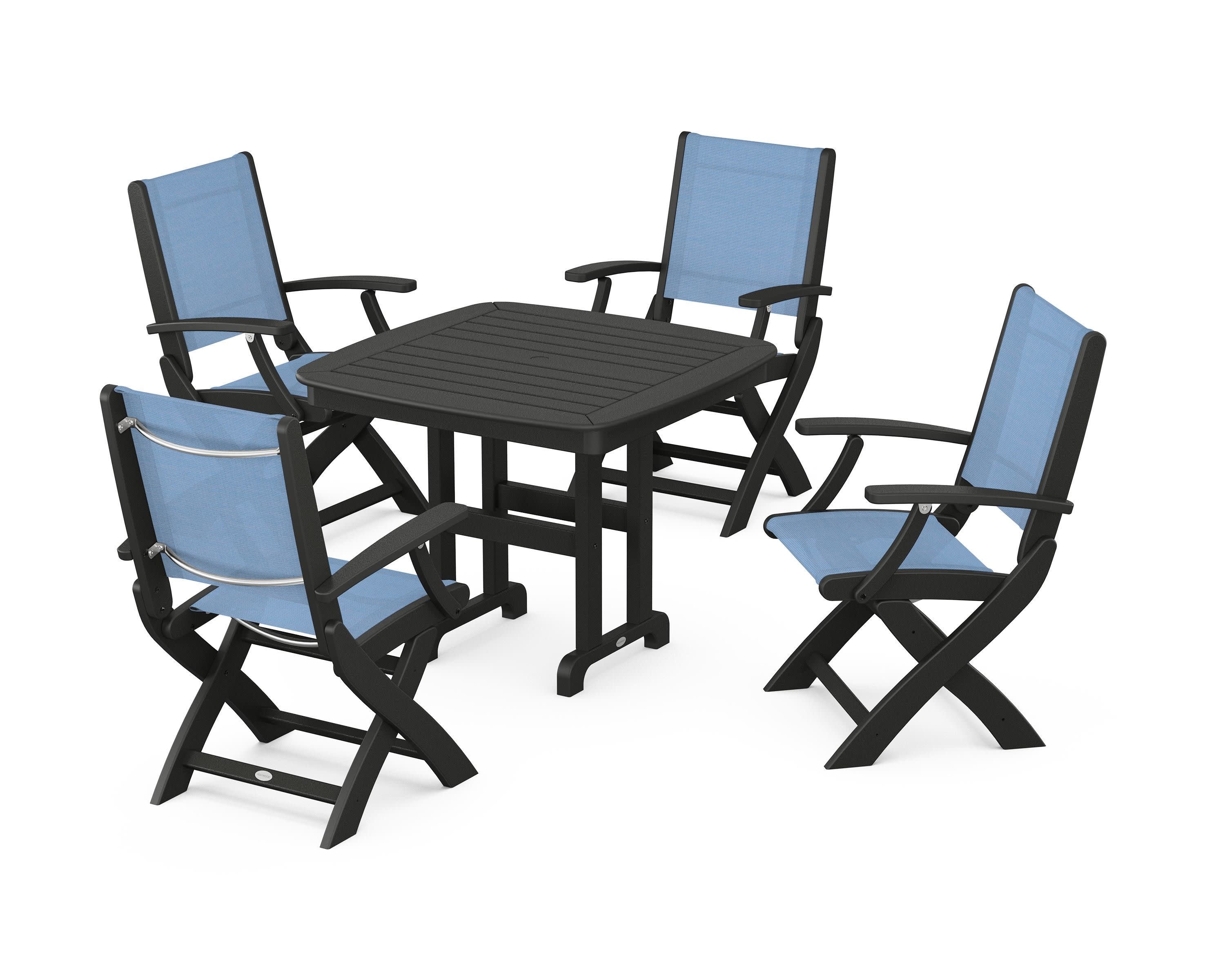 Coastal Folding Chair 5-Piece Dining Set in Black / Poolside Sling