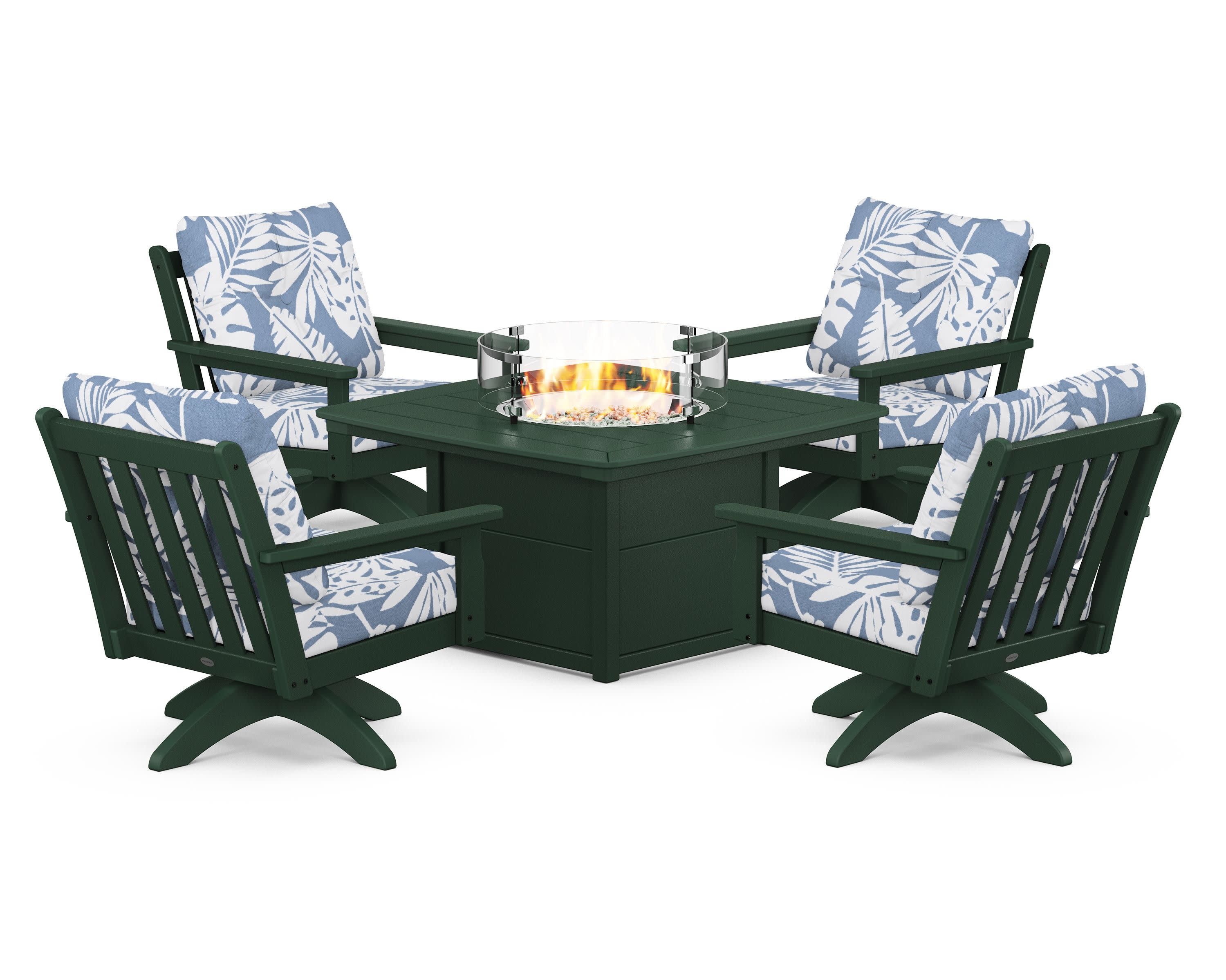 Vineyard 5-Piece Deep Seating Swivel Conversation Set with Fire Pit Table in Green / Leaf Sky Blue