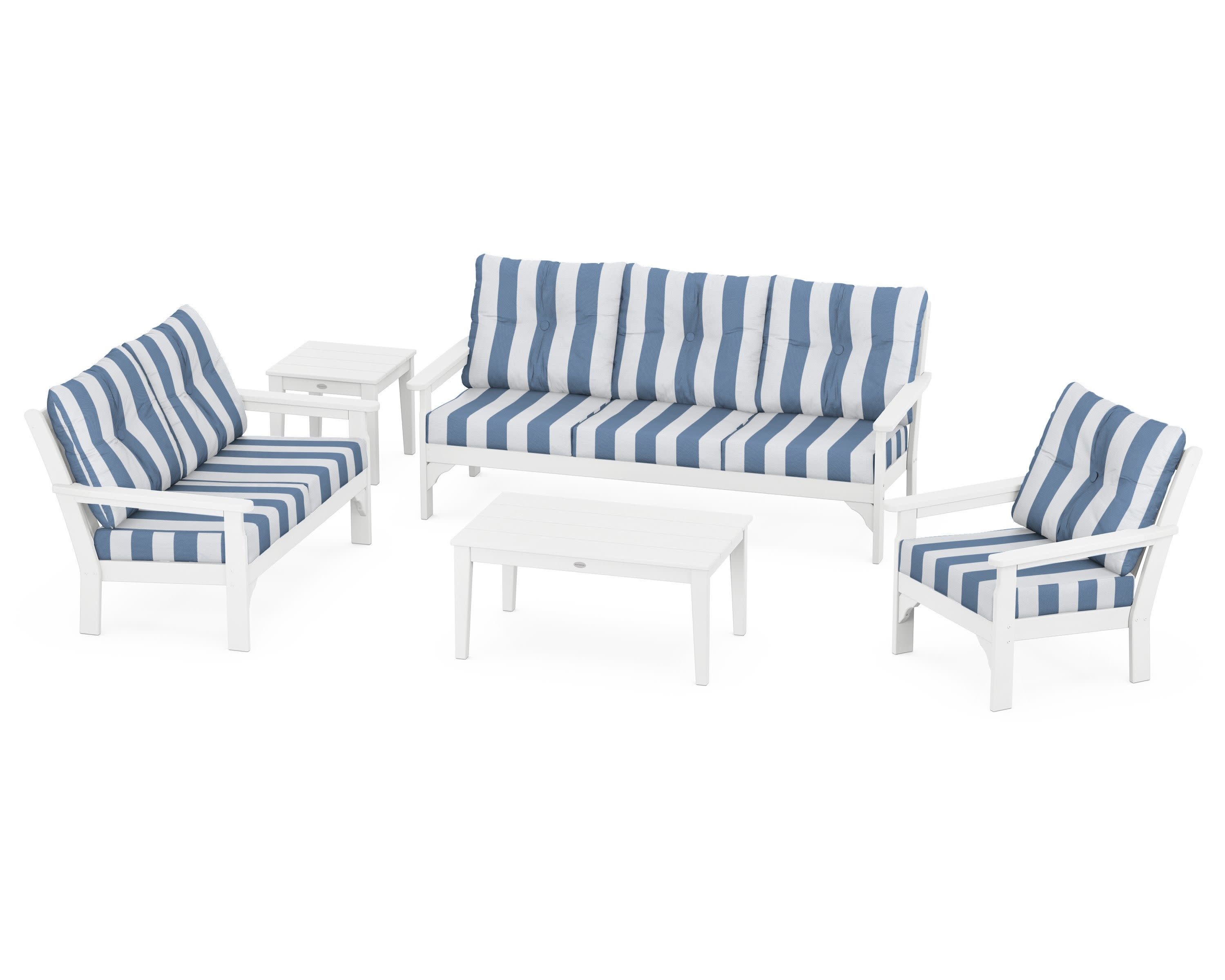 Vineyard 5 Piece Deep Seating Set in White / Cabana Stripe Sky Blue