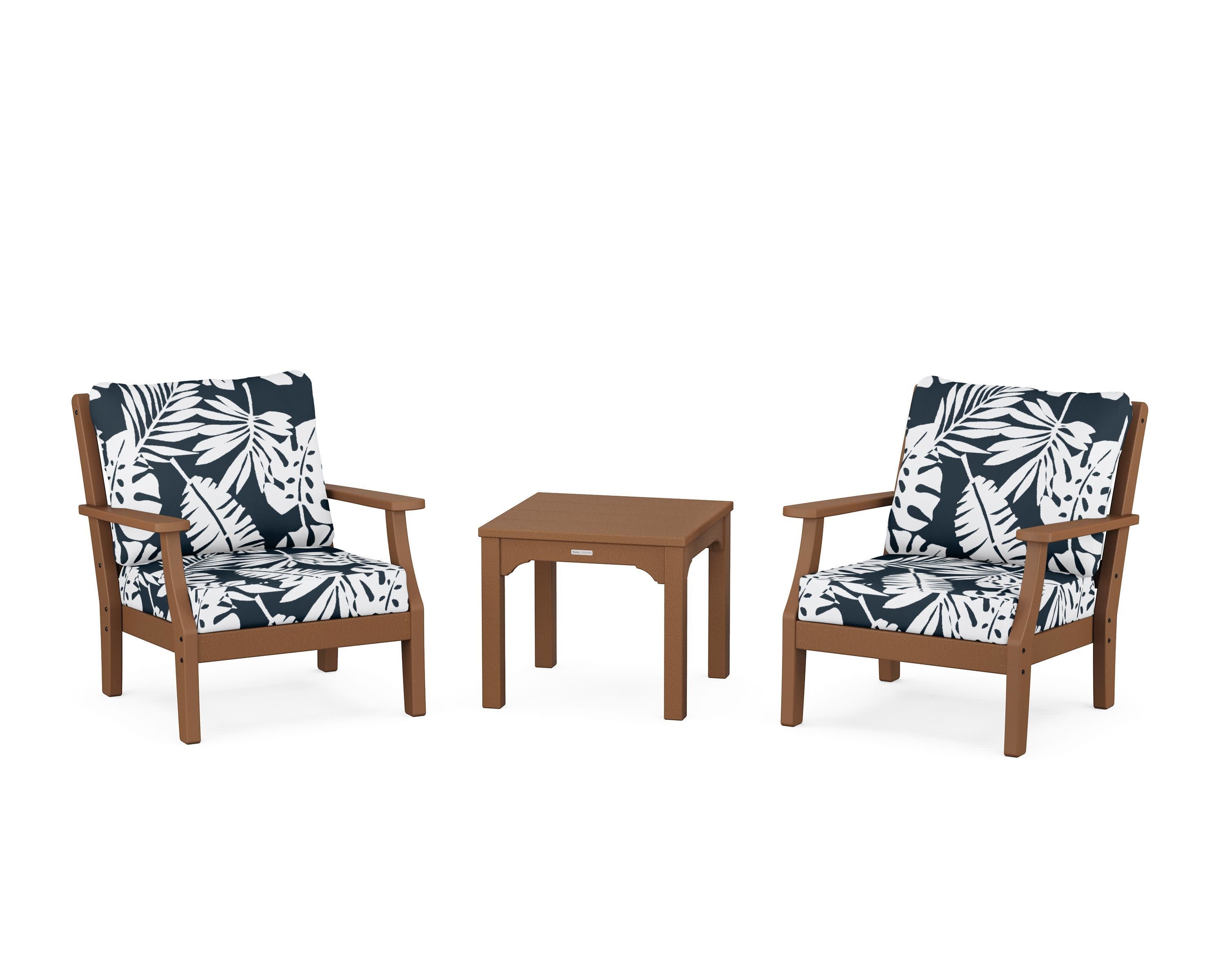 Chinoiserie 3-Piece Deep Seating Set in Teak / Leaf Marine Indigo
