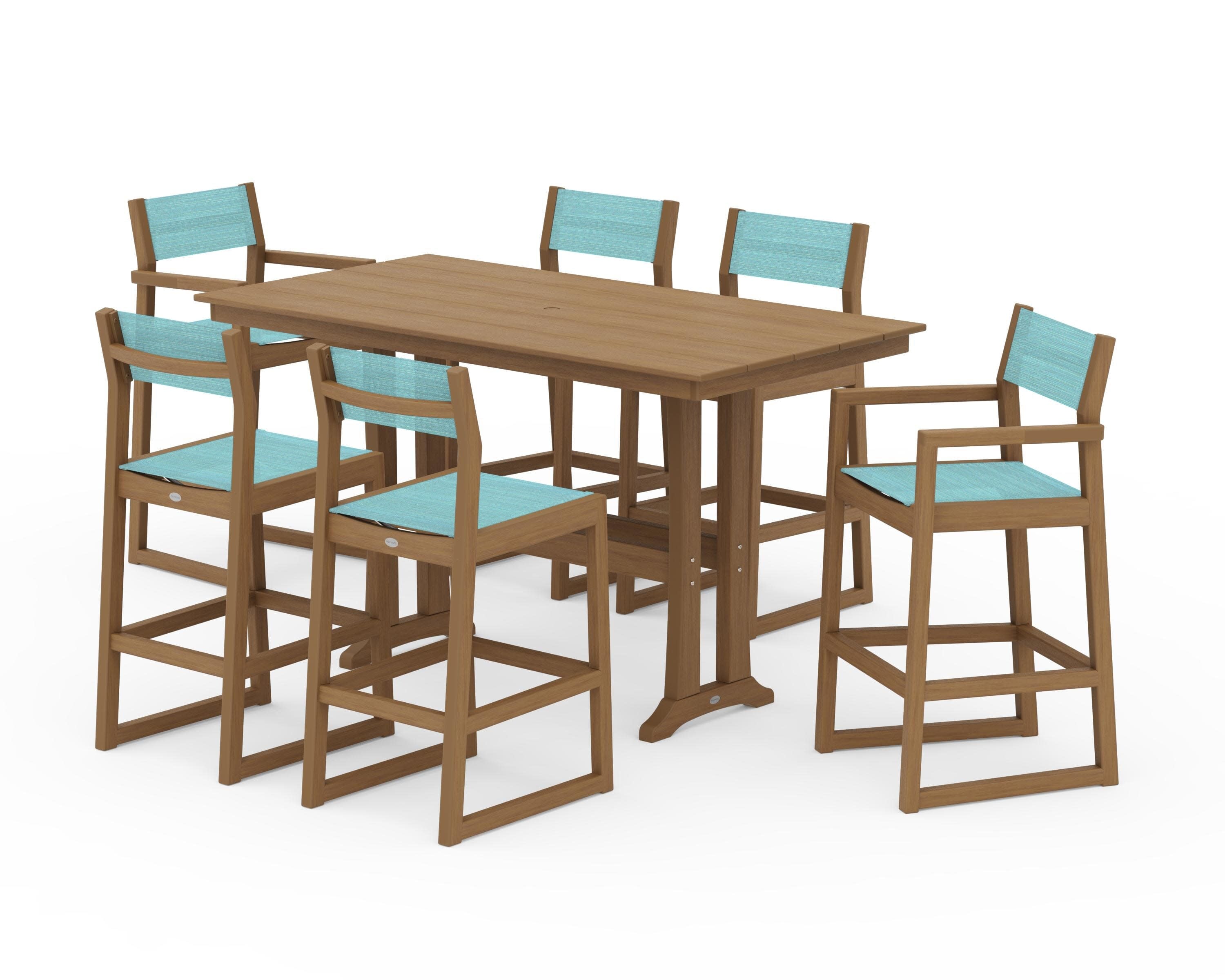 EDGE Sling 7-Piece Farmhouse Bar Set with Trestle Legs in Natural / Dupioni Aquamarine Sling