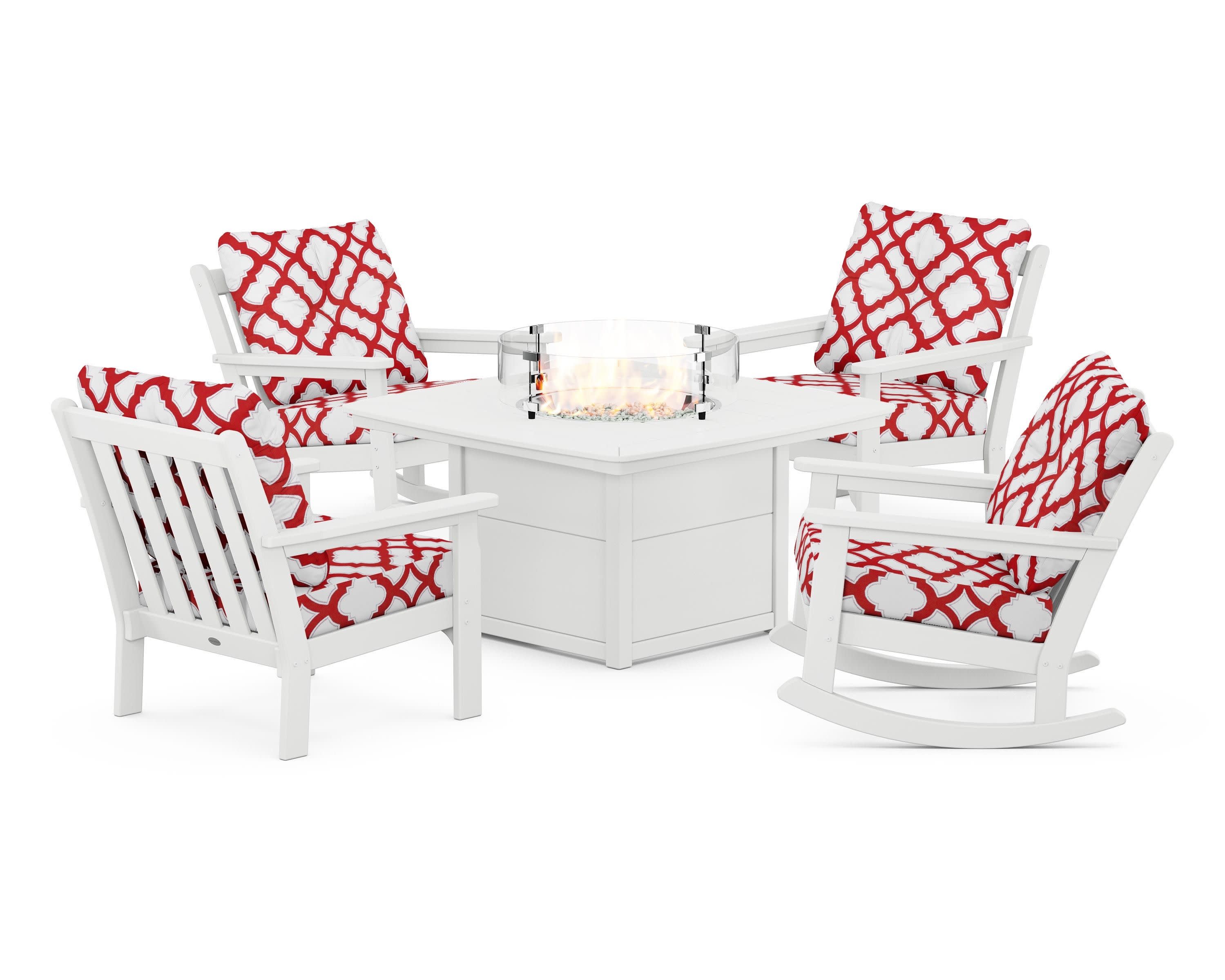 Vineyard 5-Piece Deep Seating Rocking Chair Conversation Set with Fire Pit Table in White / Trellis Crimson