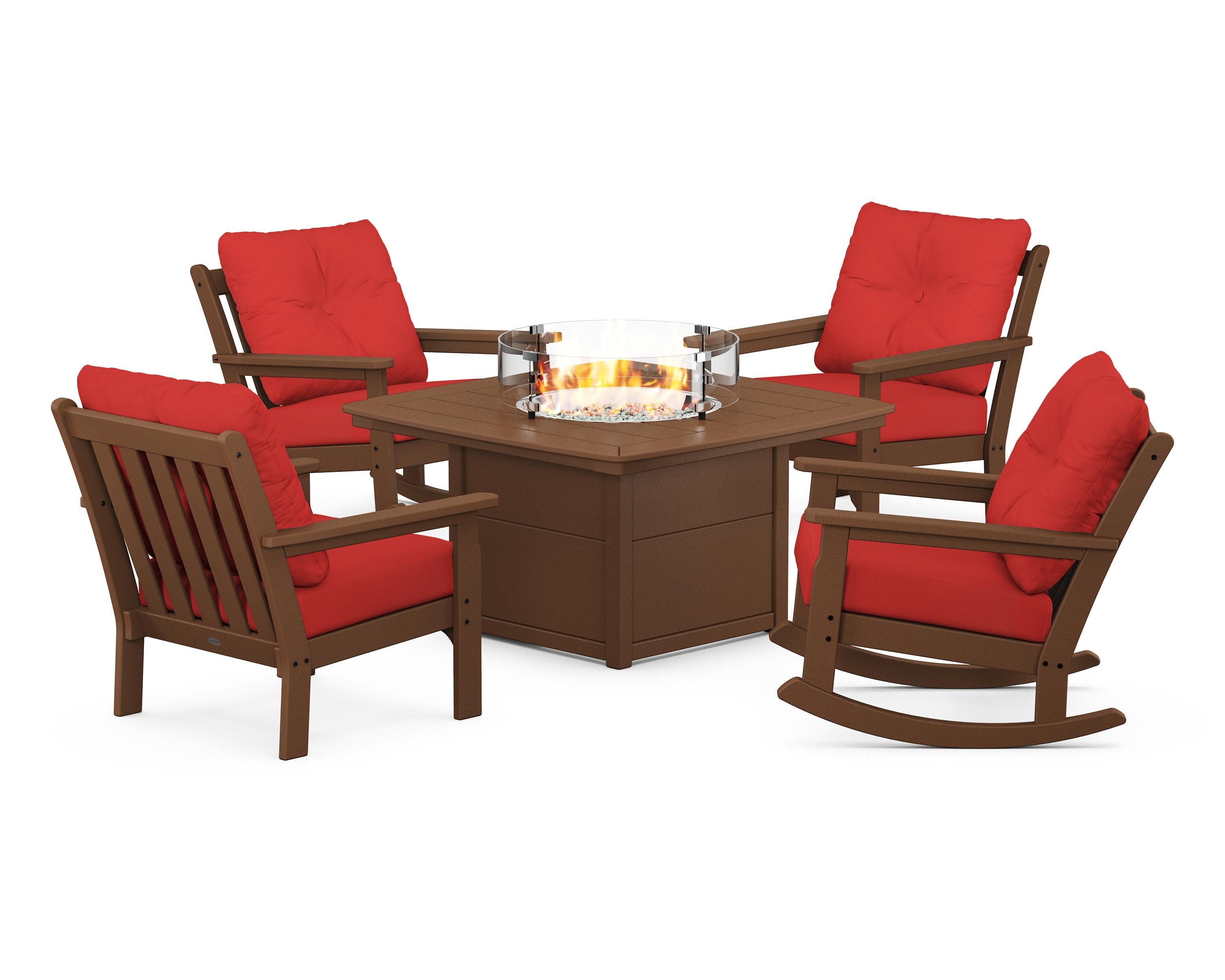Vineyard 5-Piece Deep Seating Rocking Chair Conversation Set with Fire Pit Table in Teak / Crimson Linen