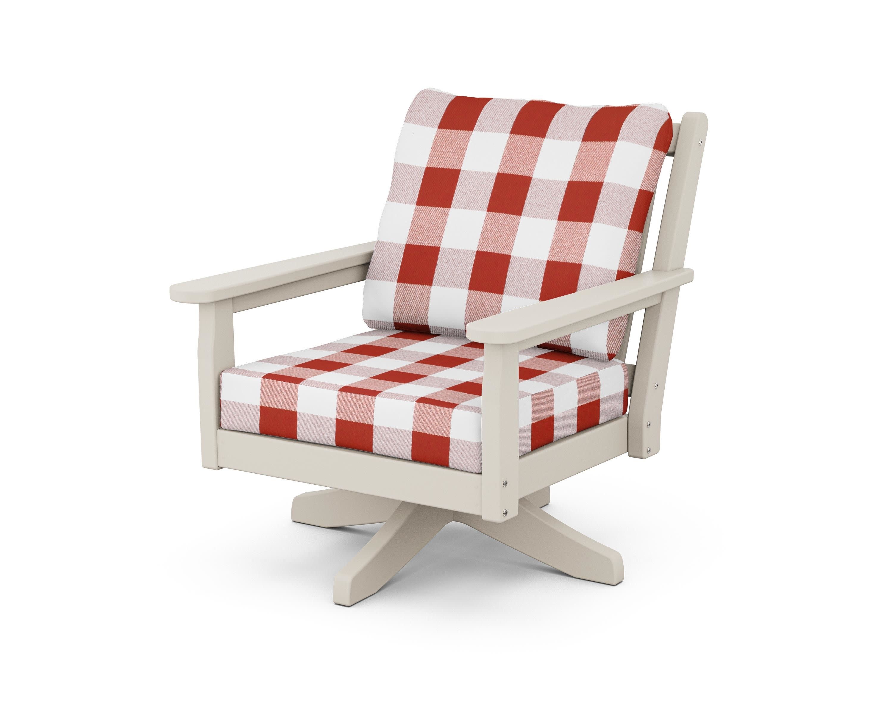 Chippendale Deep Seating Swivel Chair in Sand / Buffalo Plaid Crimson