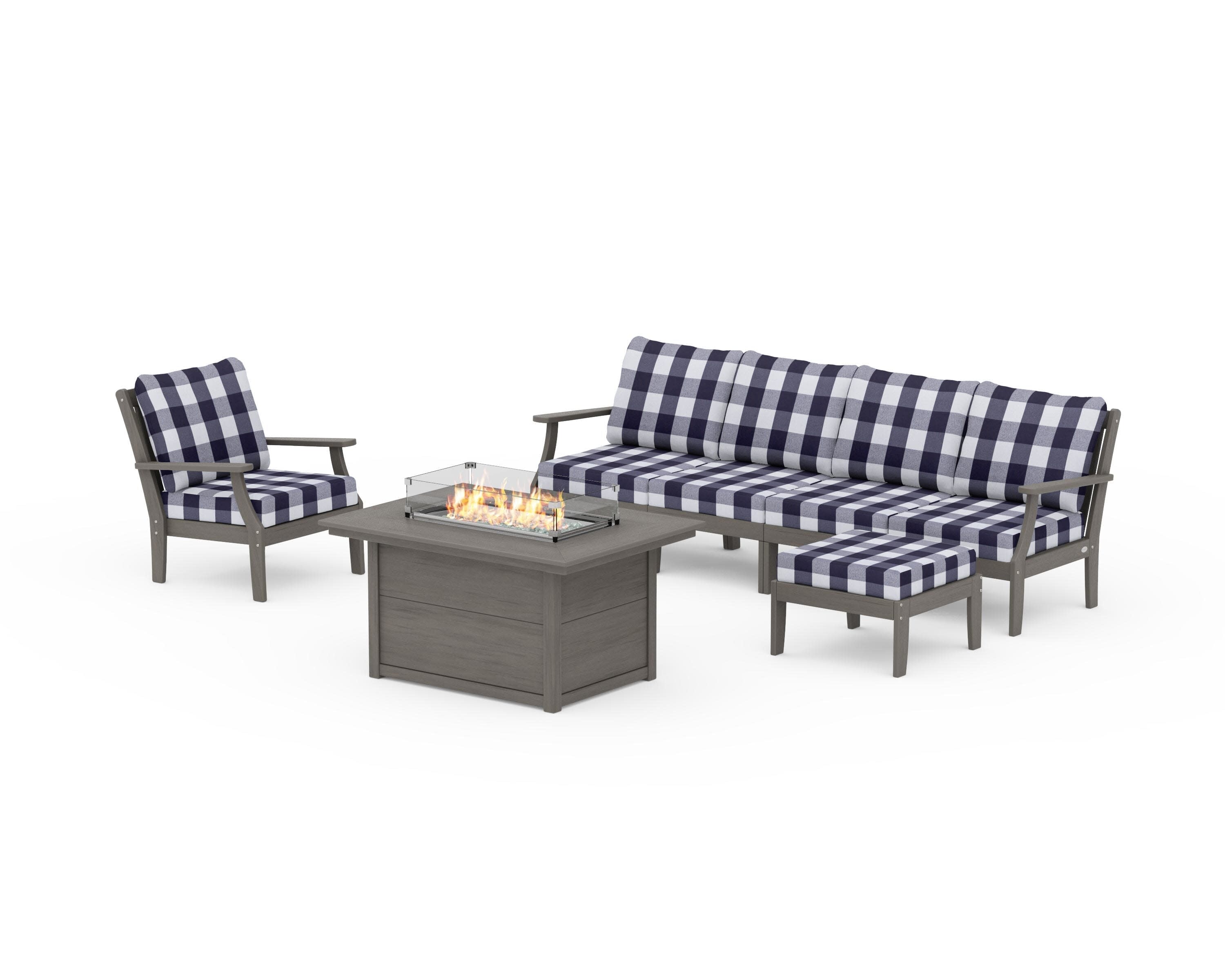 Braxton Sectional Lounge and Fire Pit Set in Driftwood / Buffalo Plaid Navy