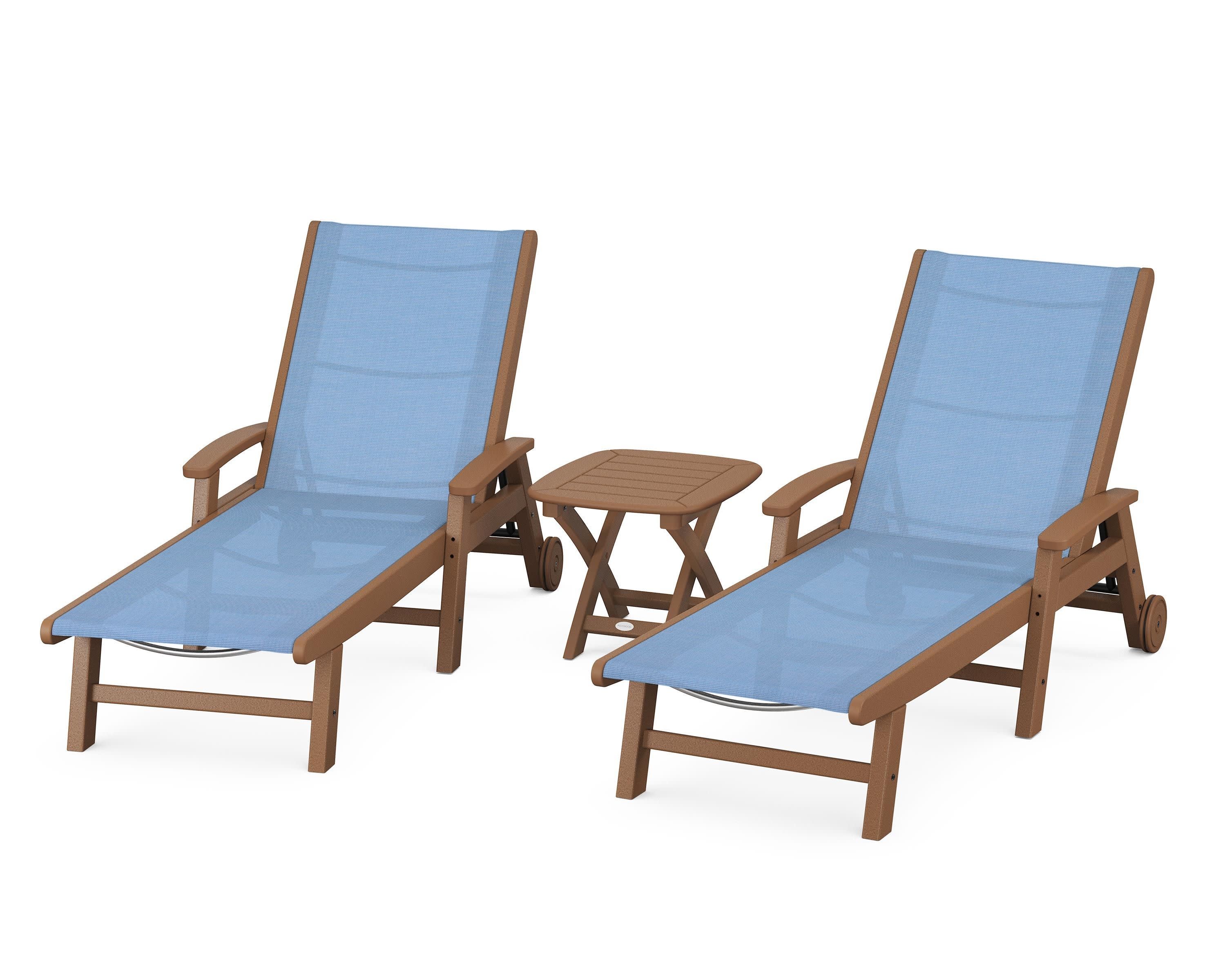 Coastal 3-Piece Wheeled Chaise Set in Teak / Poolside Sling
