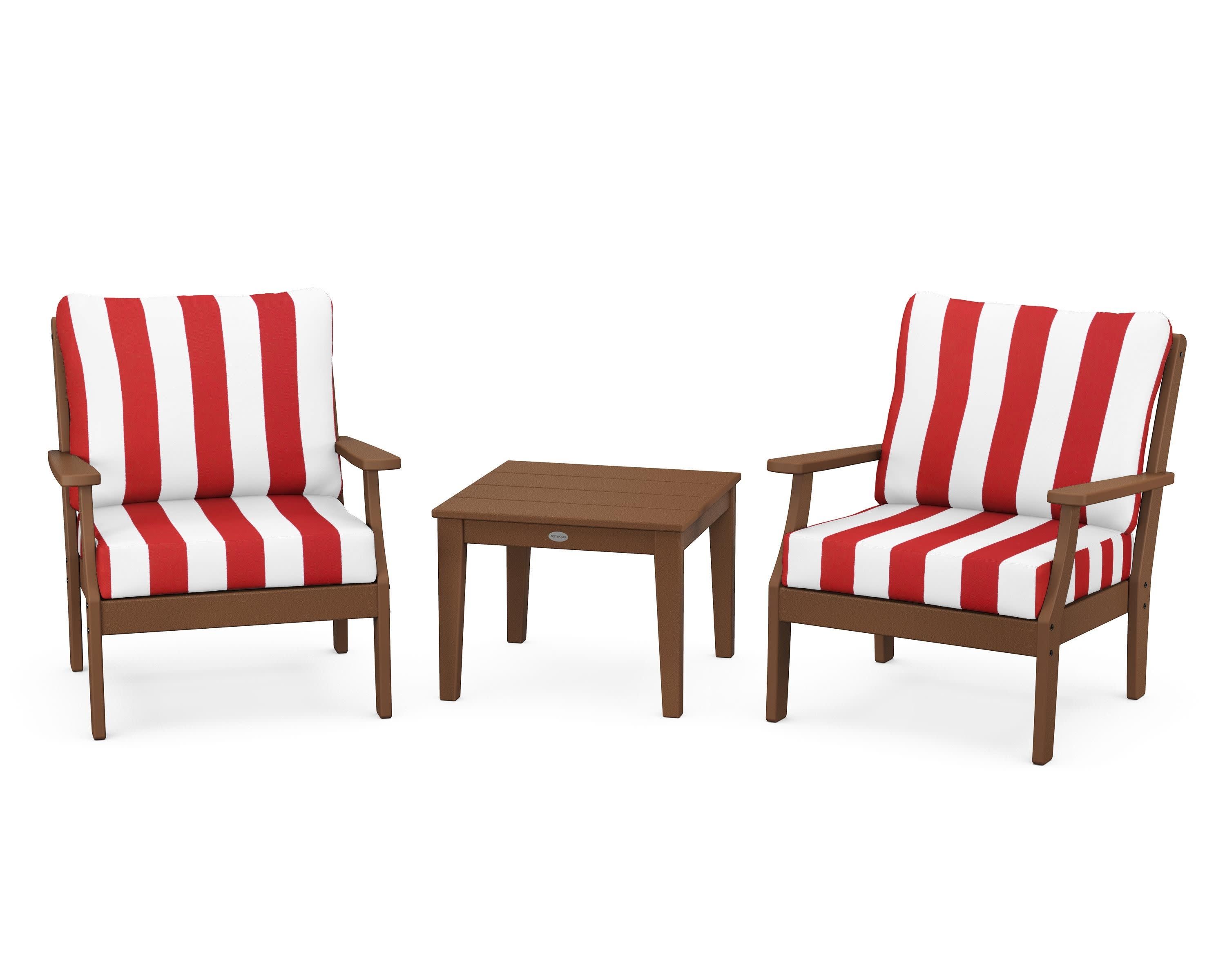 Braxton 3-Piece Deep Seating Set in Teak / Cabana Stripe Crimson