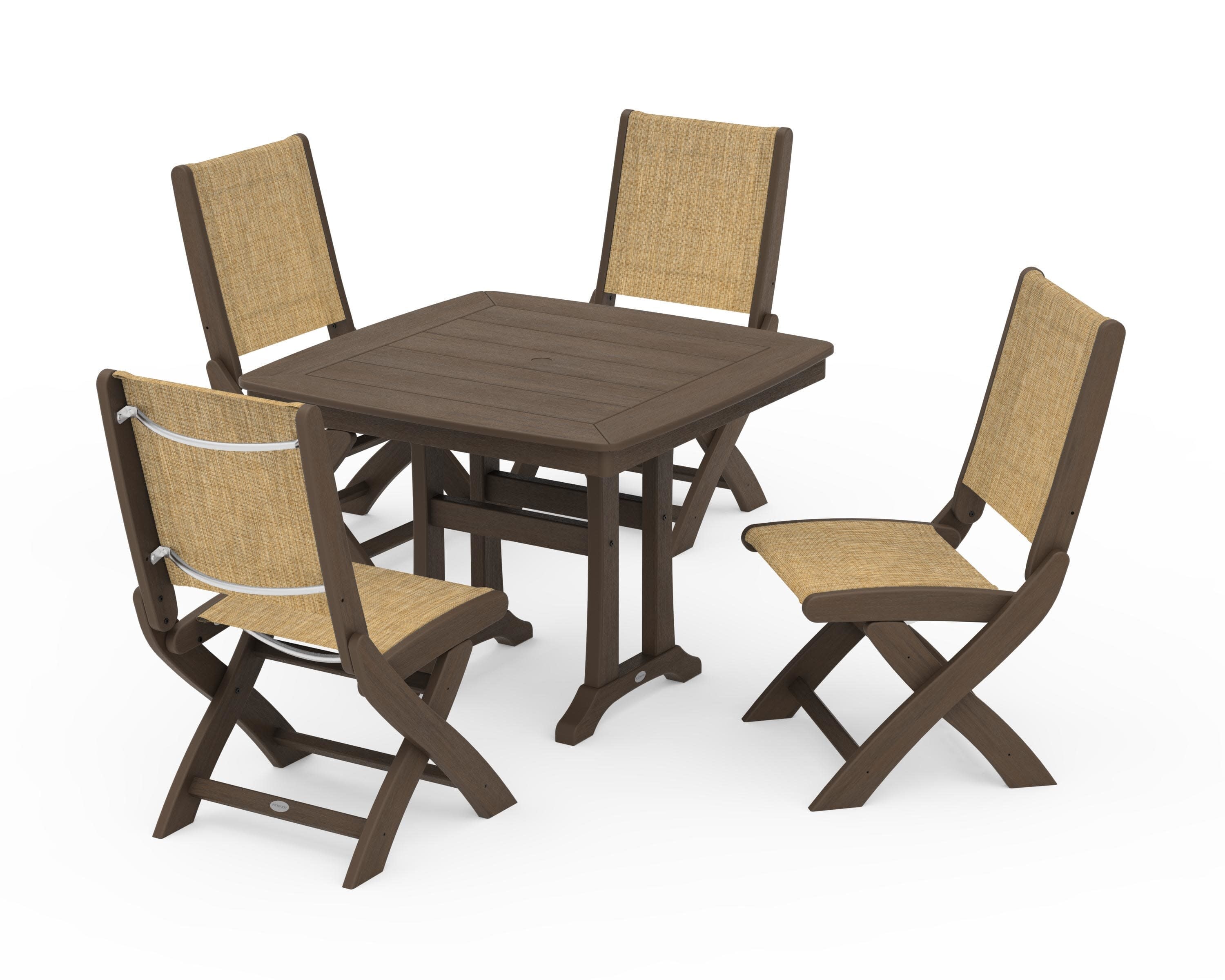 Coastal Folding Side Chair 5-Piece Dining Set with Trestle Legs in Kona / Burlap Sling