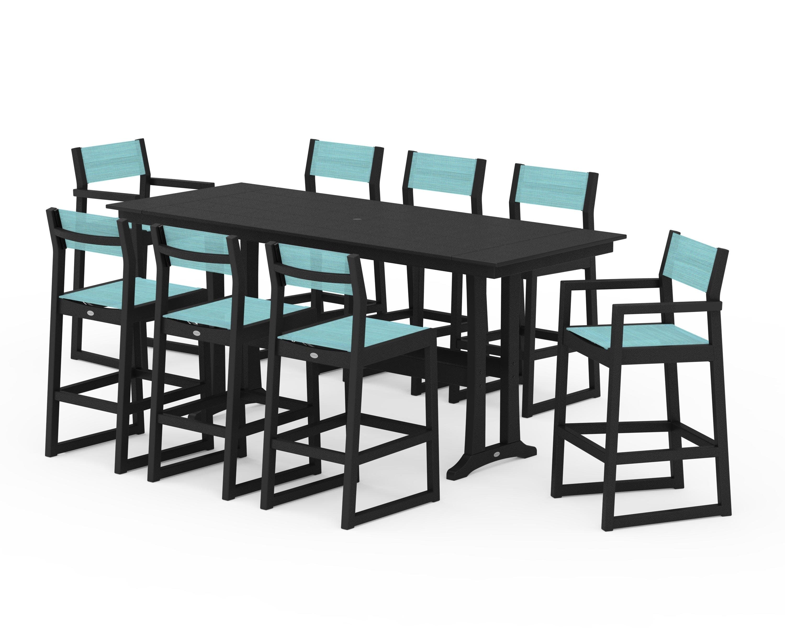EDGE Sling 9-Piece Farmhouse Bar Set with Trestle Legs in Black / Dupioni Aquamarine Sling