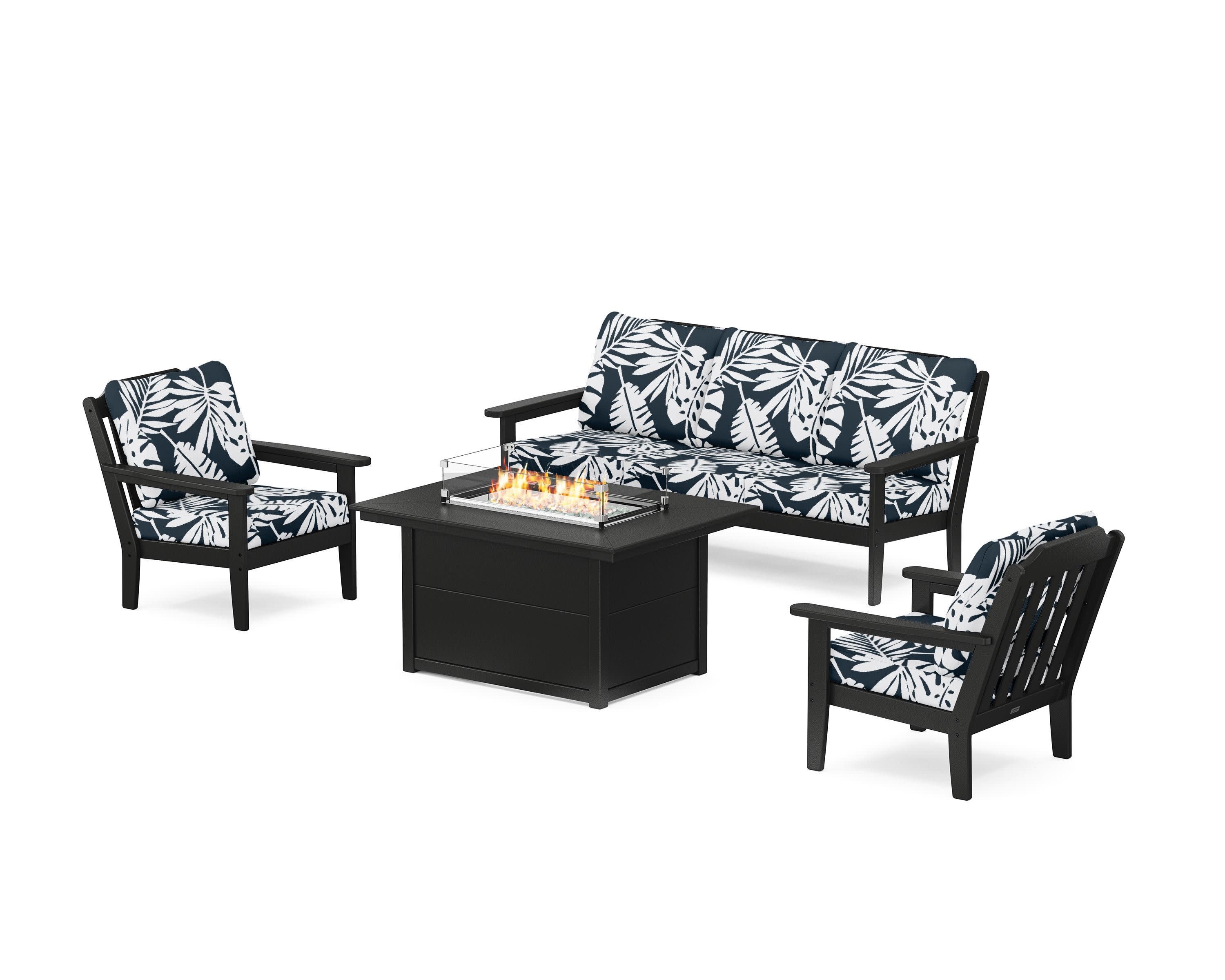 Cottage Deep Seating Fire Pit Table Set in Black / Leaf Marine Indigo