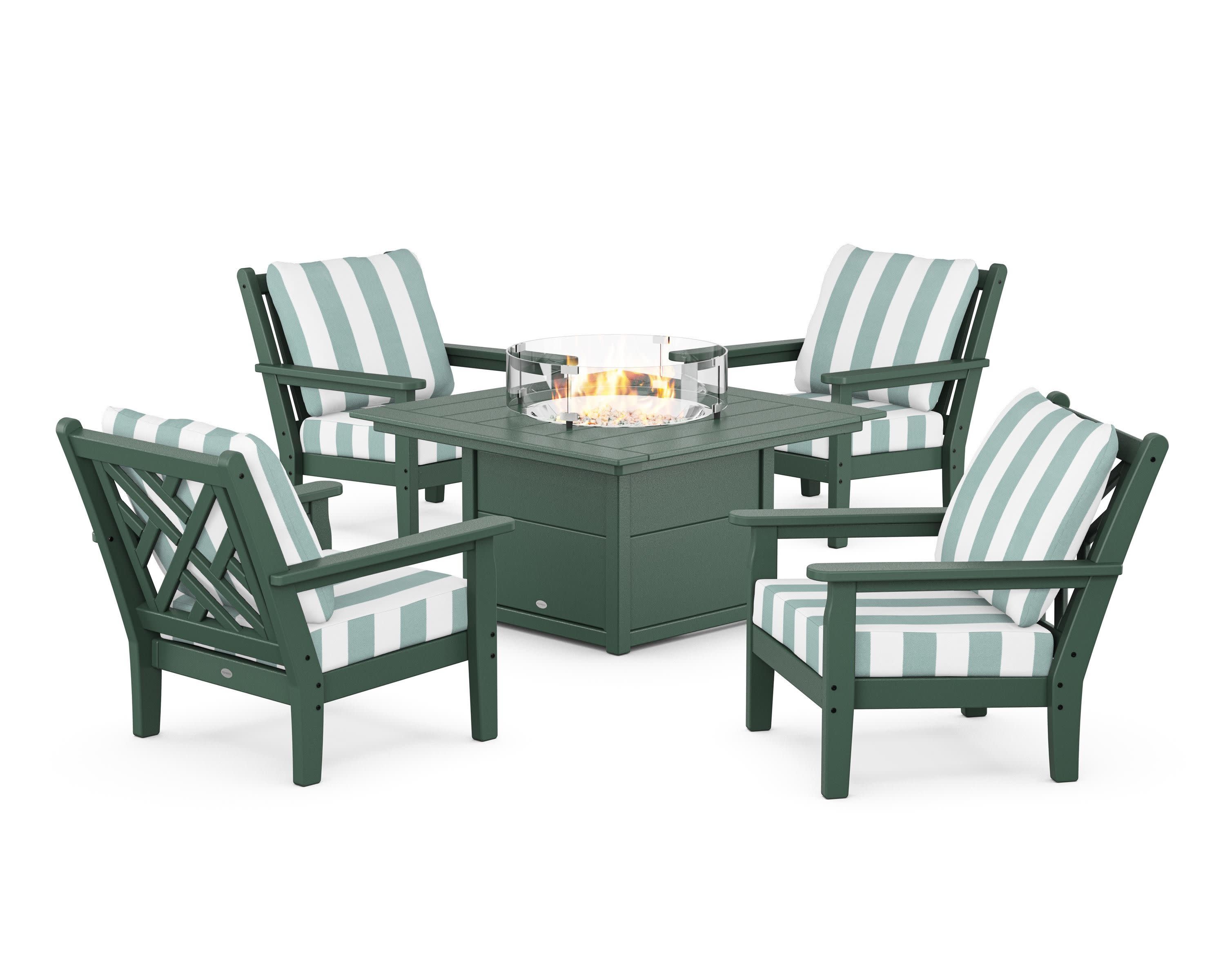 Chippendale 5-Piece Deep Seating Set with Fire Pit Table in Green / Cabana Stripe Glacier Spa