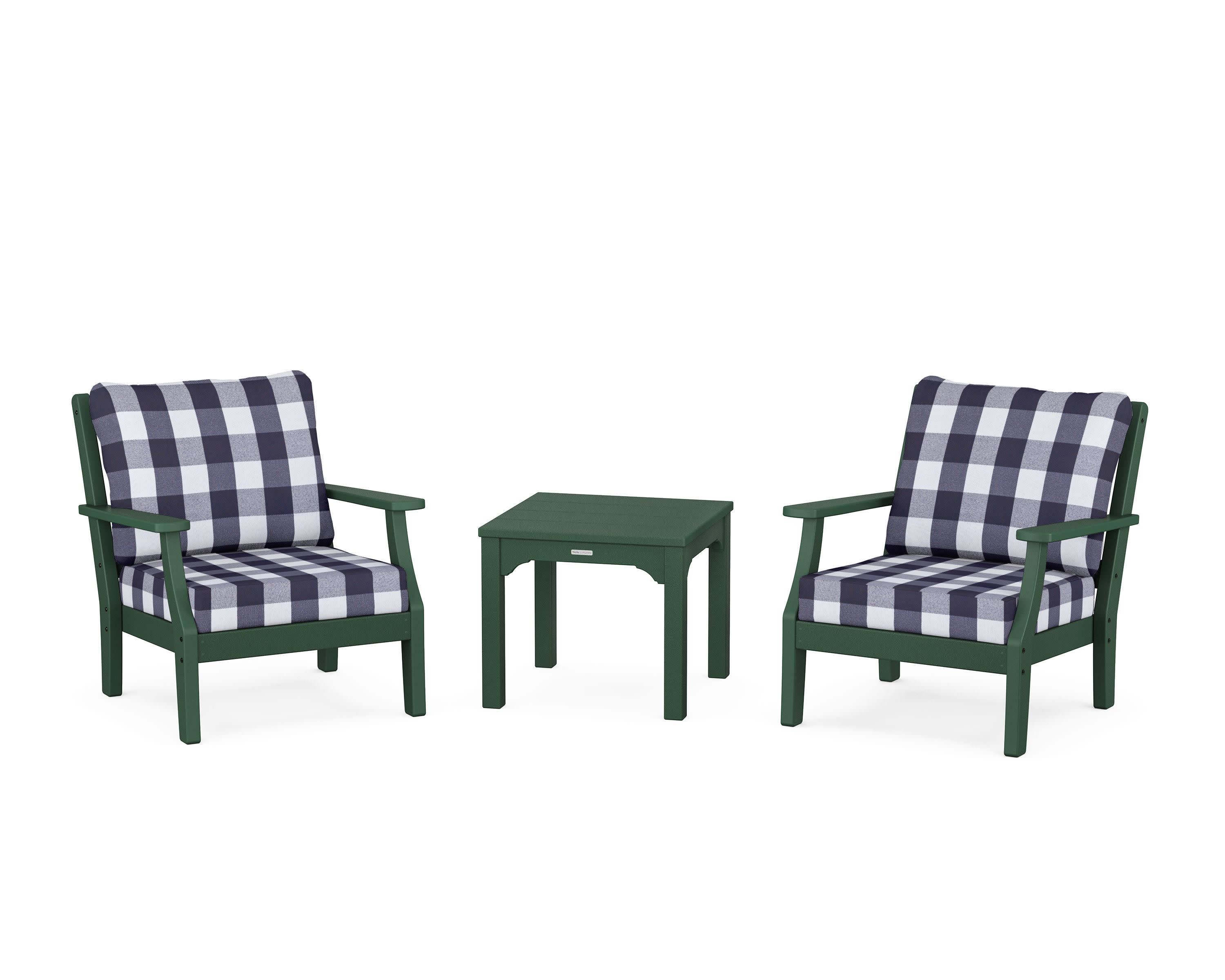 Chinoiserie 3-Piece Deep Seating Set in Green / Buffalo Plaid Navy