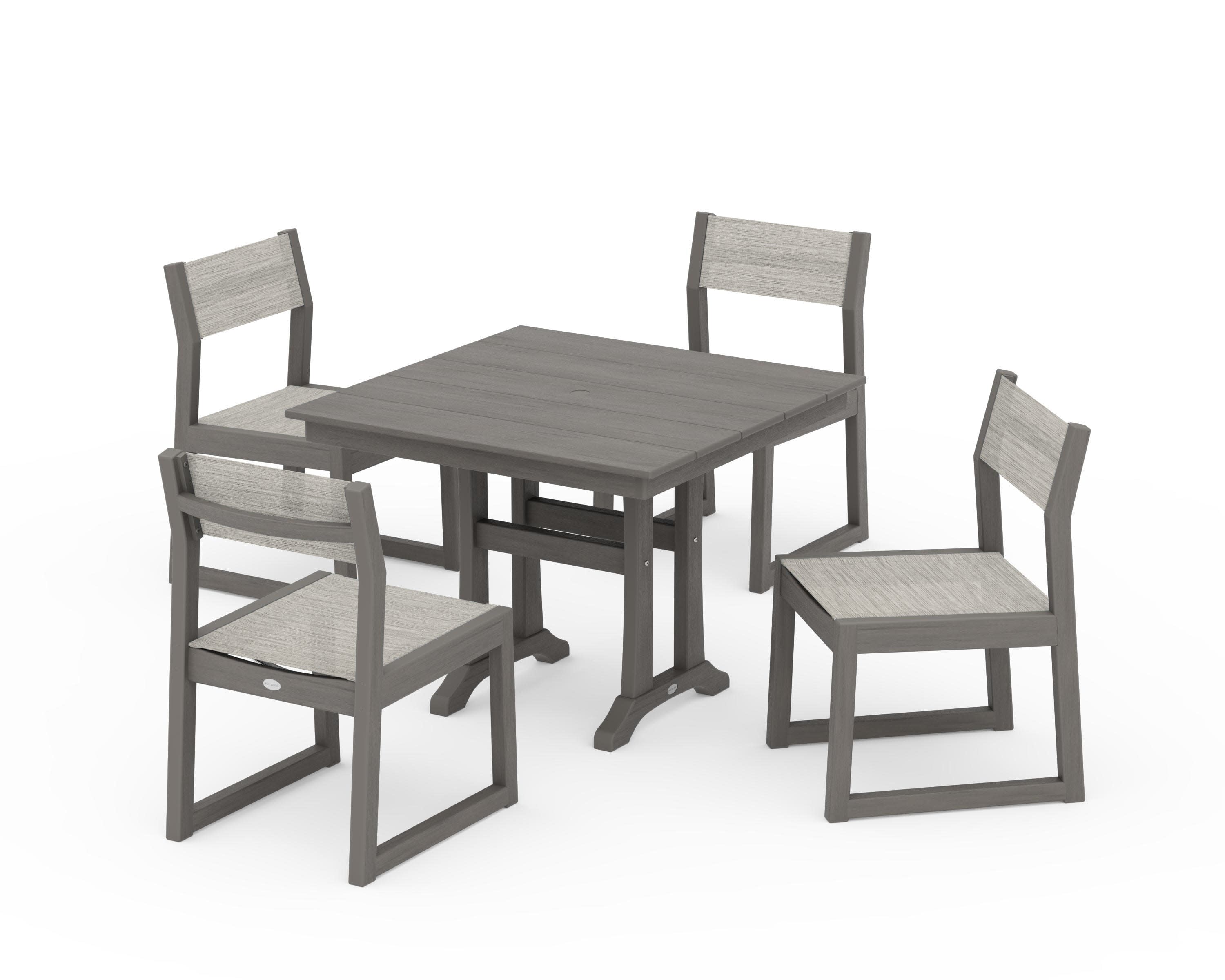 EDGE Sling 5-Piece Farmhouse Trestle Side Chair Dining Set in Driftwood / Birch Sling