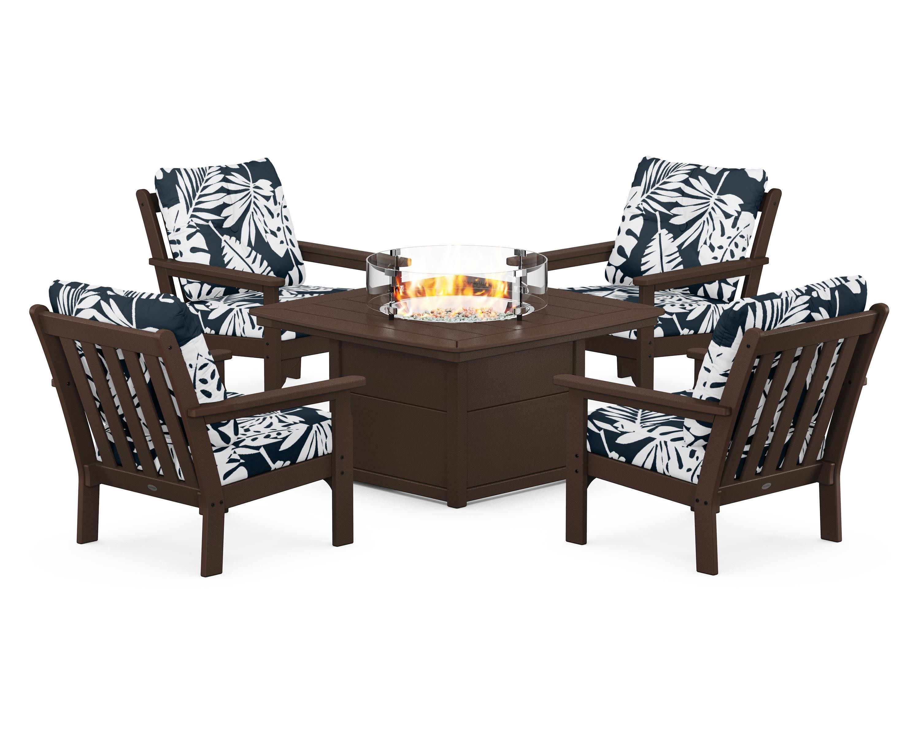 Vineyard 5-Piece Conversation Set with Fire Pit Table in Mahogany / Leaf Marine Indigo