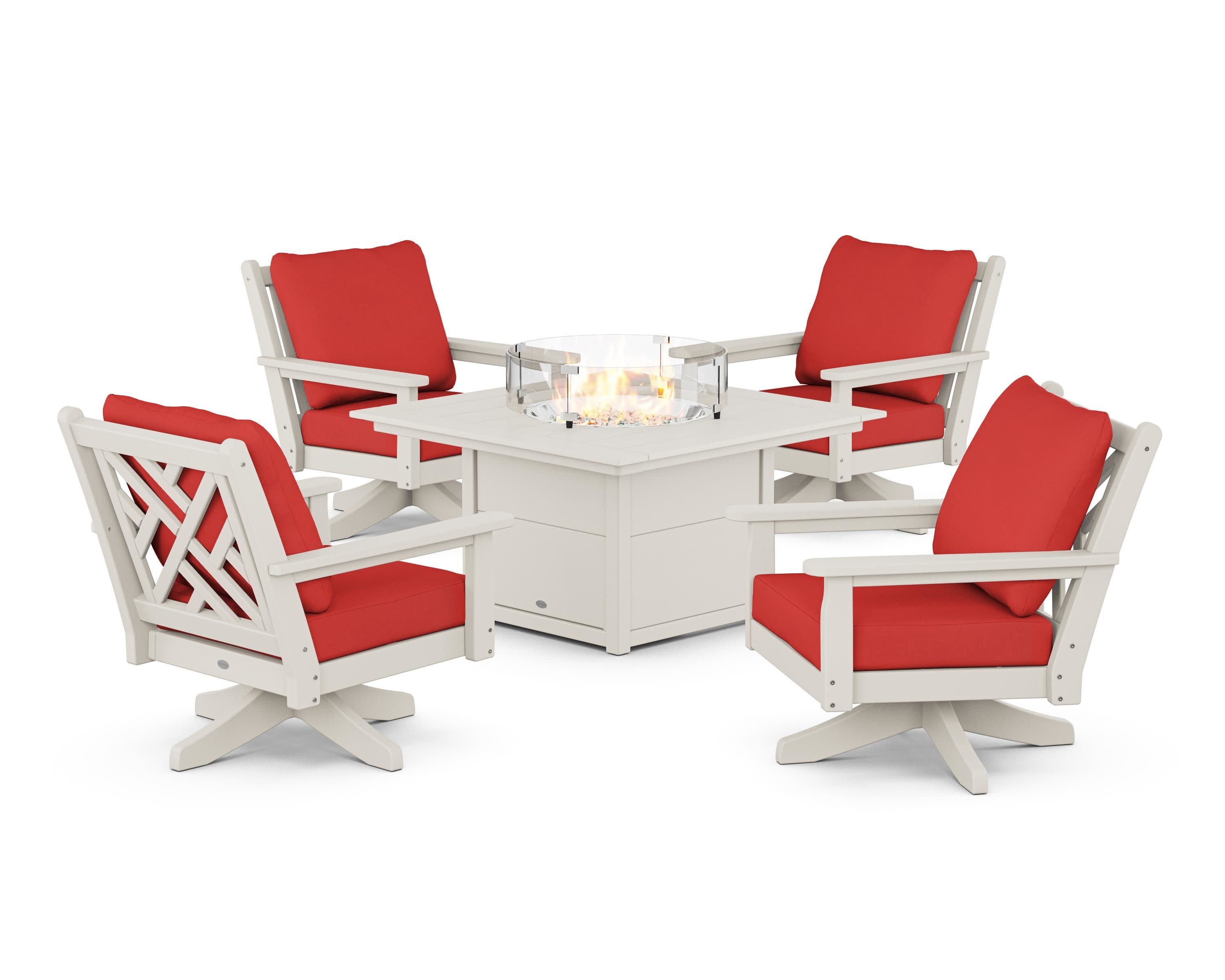 Chippendale 5-Piece Deep Seating Swivel Conversation Set with Fire Pit Table in Sand / Crimson Linen