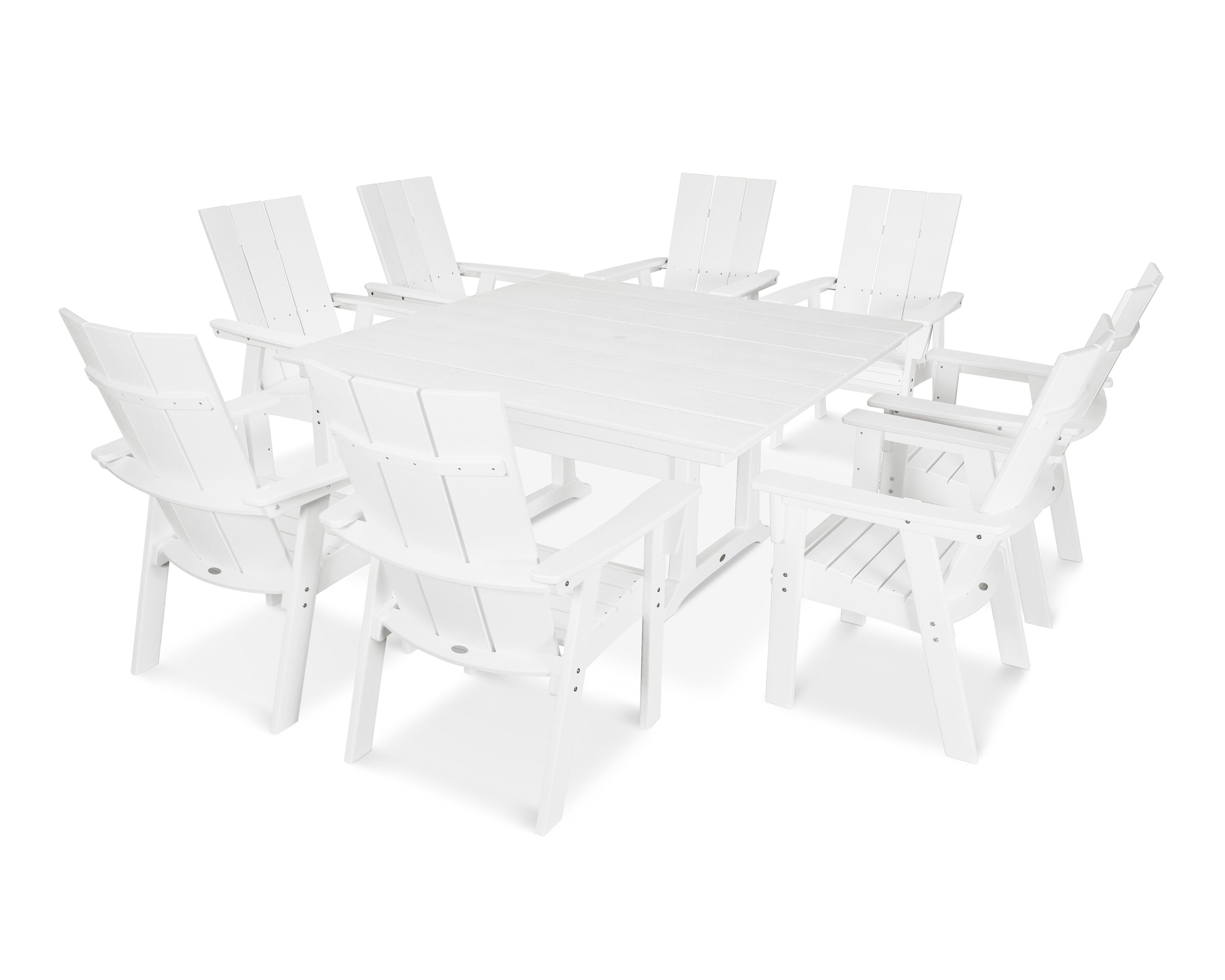 Modern Curveback Adirondack 9-Piece Farmhouse Trestle Dining Set in White