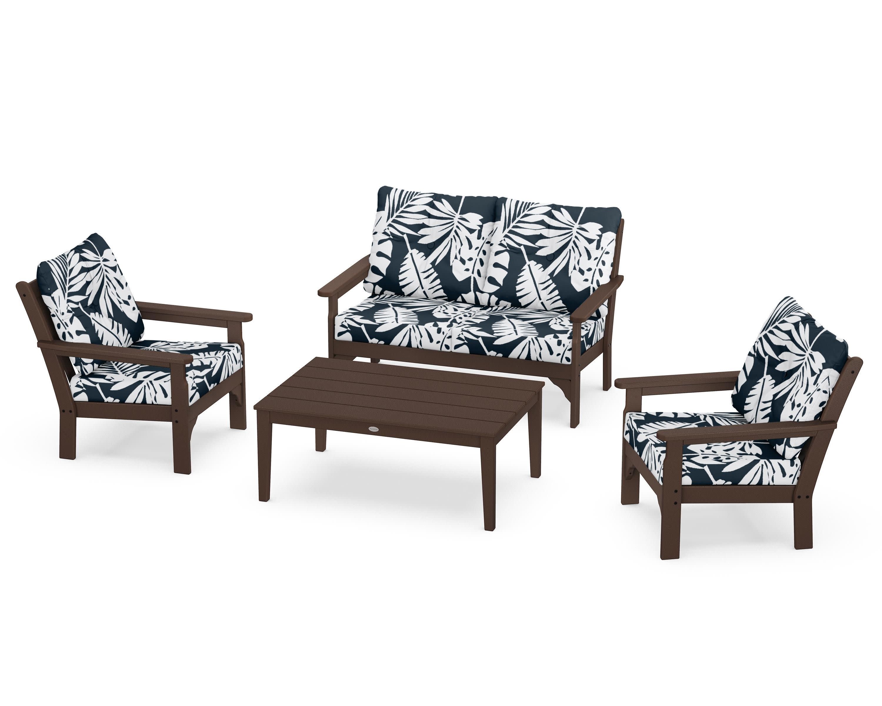 Vineyard 4-Piece Deep Seating Set in Mahogany / Leaf Marine Indigo