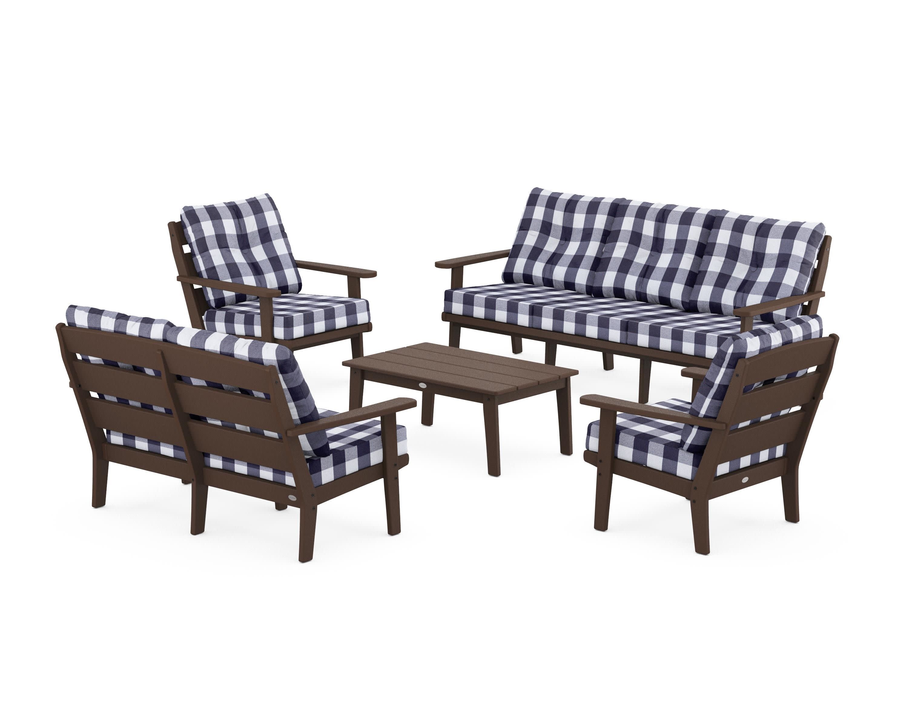 Lakeside 5-Piece Lounge Sofa Set in Mahogany / Buffalo Plaid Navy
