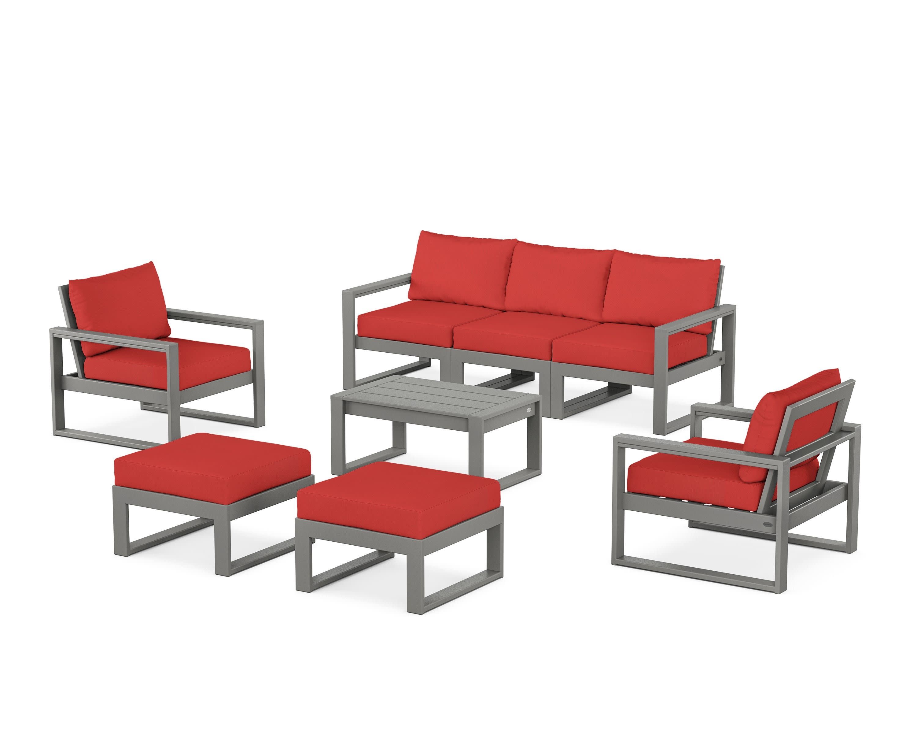 EDGE Sectional 8-Piece Lounge Sofa Set in Slate Grey / Crimson Linen