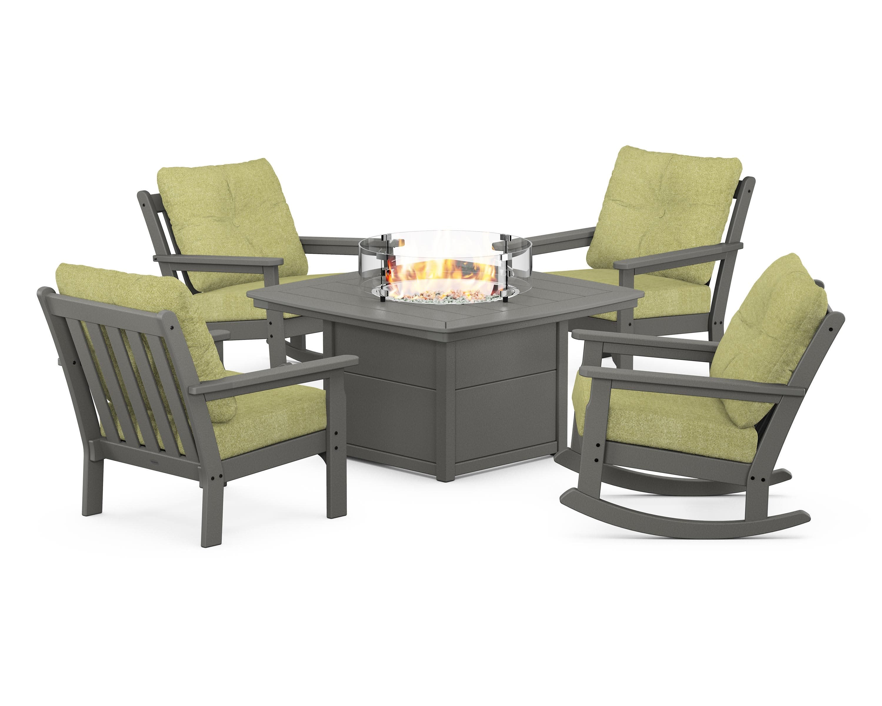 Vineyard 5-Piece Deep Seating Rocking Chair Conversation Set with Fire Pit Table in Slate Grey / Chartreuse Boucle