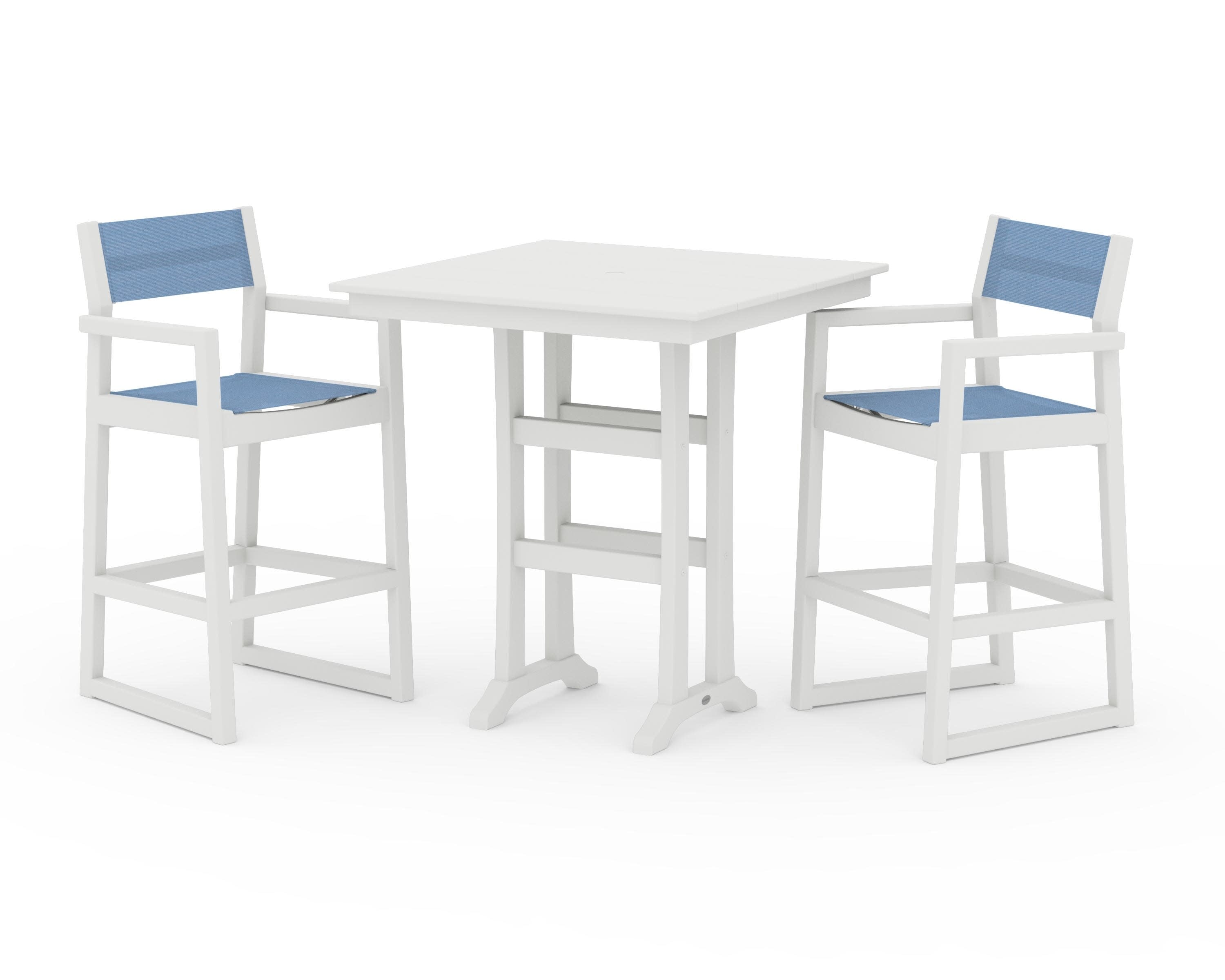 EDGE Sling Arm Chair 3-Piece Farmhouse Bar Set with Trestle Legs in Vintage White / Poolside Sling