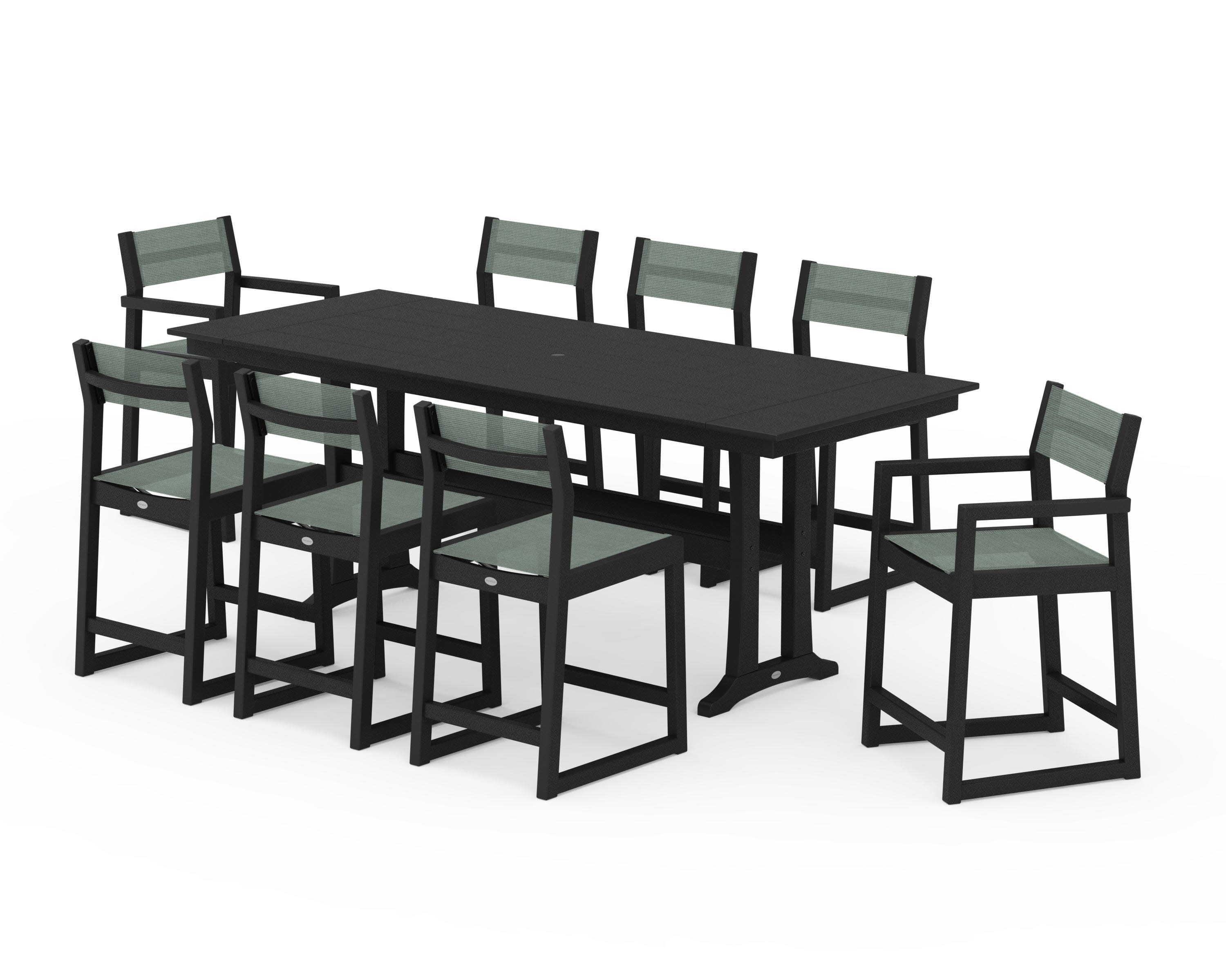 EDGE Sling 9-Piece Farmhouse Counter Set with Trestle Legs in Black / Dupioni Sea Mist Sling