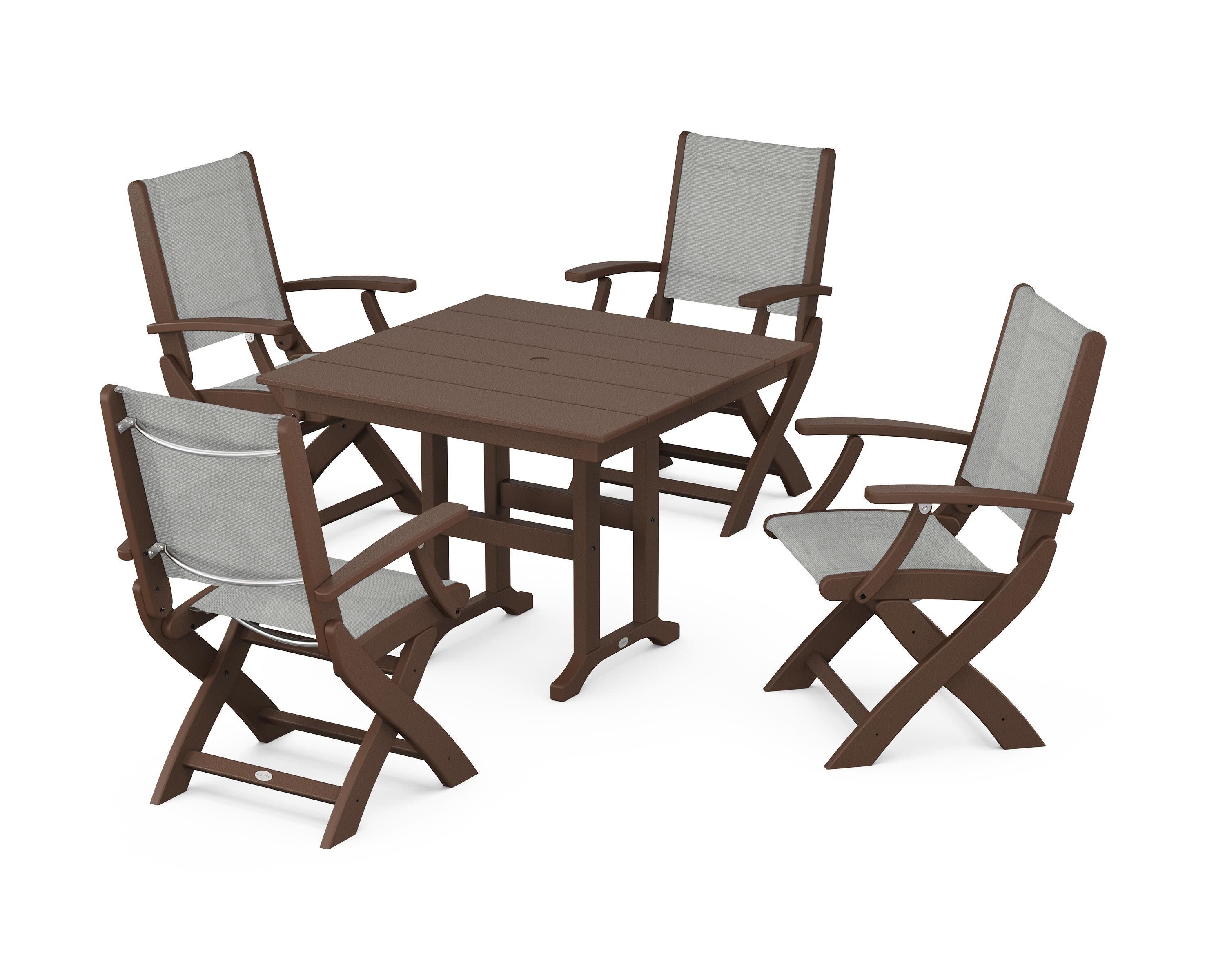 Coastal Folding Chair 5-Piece Farmhouse Dining Set in Mahogany / Metallic Sling