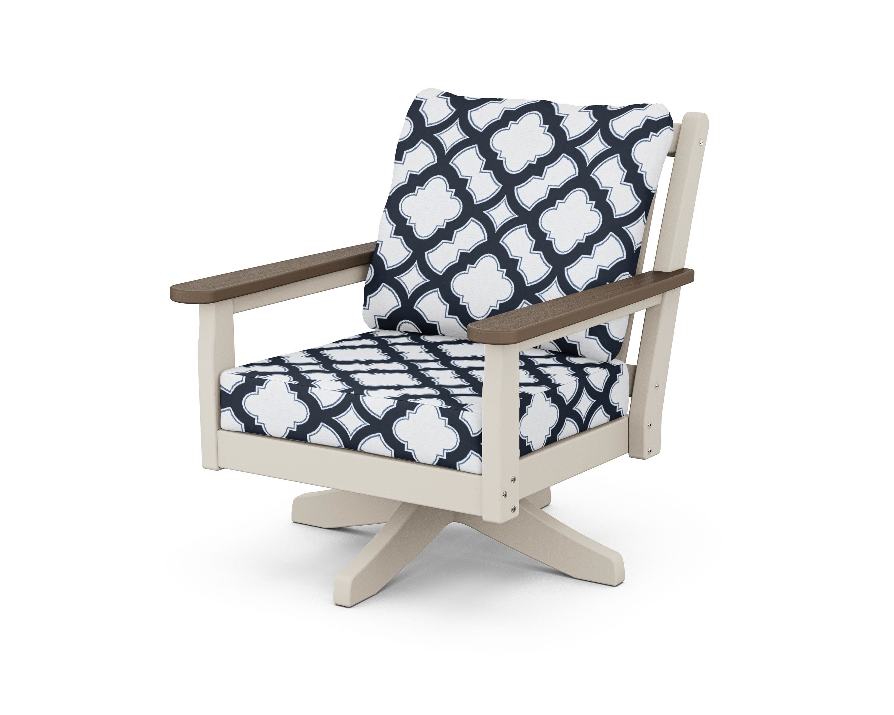 Chippendale Deep Seating Swivel Chair in Sand / Kona / Trellis Marine Indigo