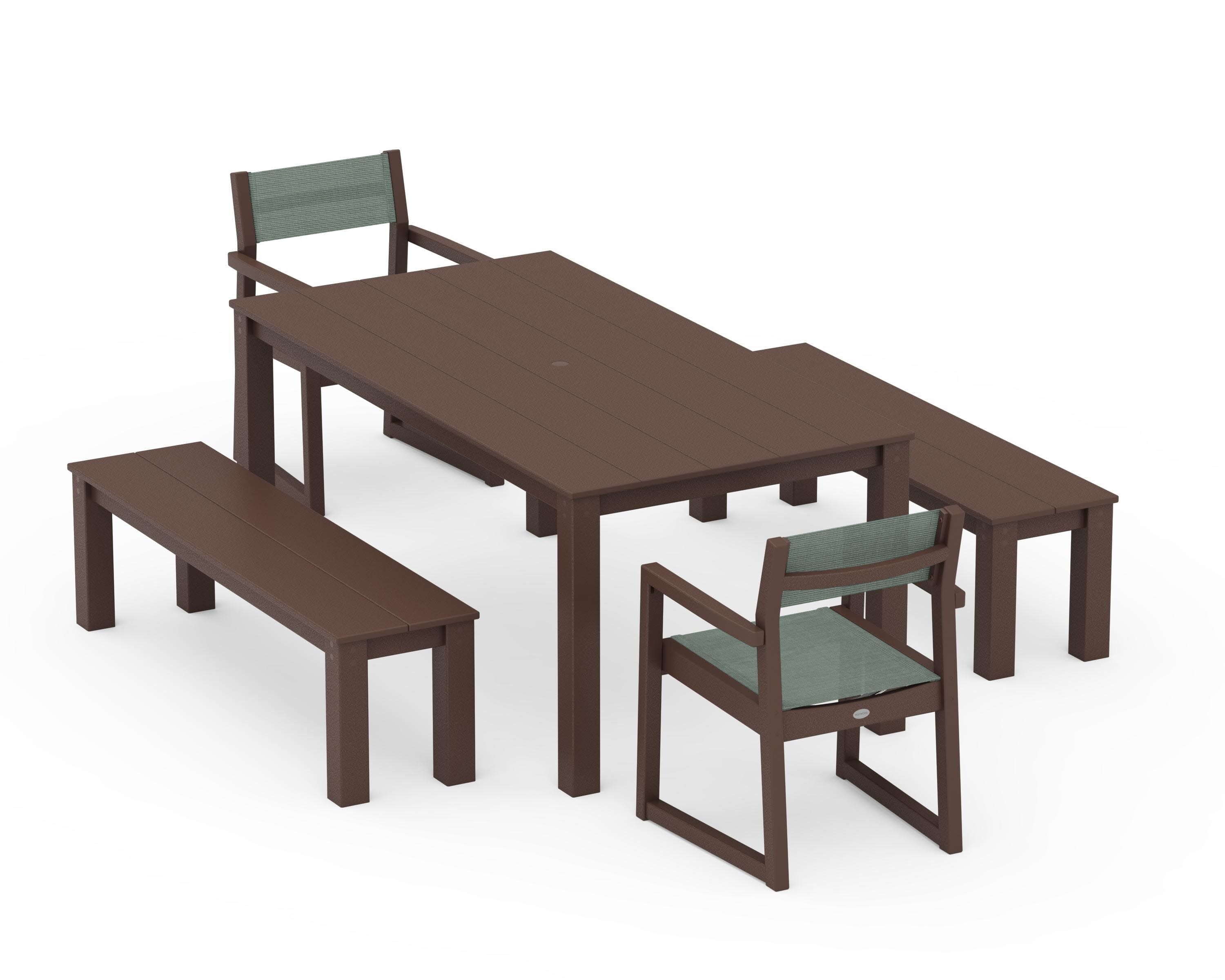 EDGE Sling Arm Chair 5-Piece Parsons Dining Set with Benches in Mahogany / Dupioni Sea Mist Sling