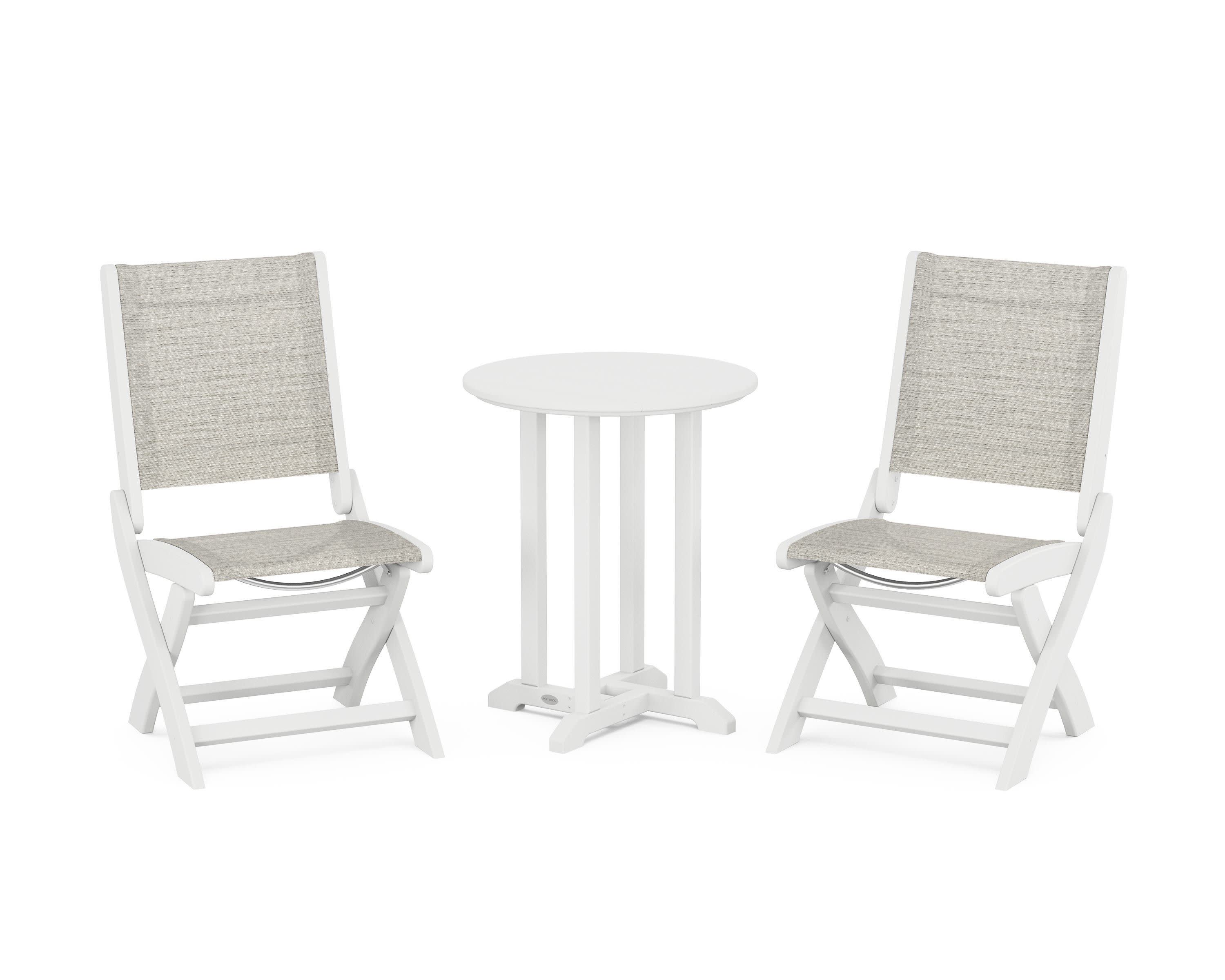 Coastal Folding Side Chair 3-Piece Round Bistro Dining Set in White / Birch Sling