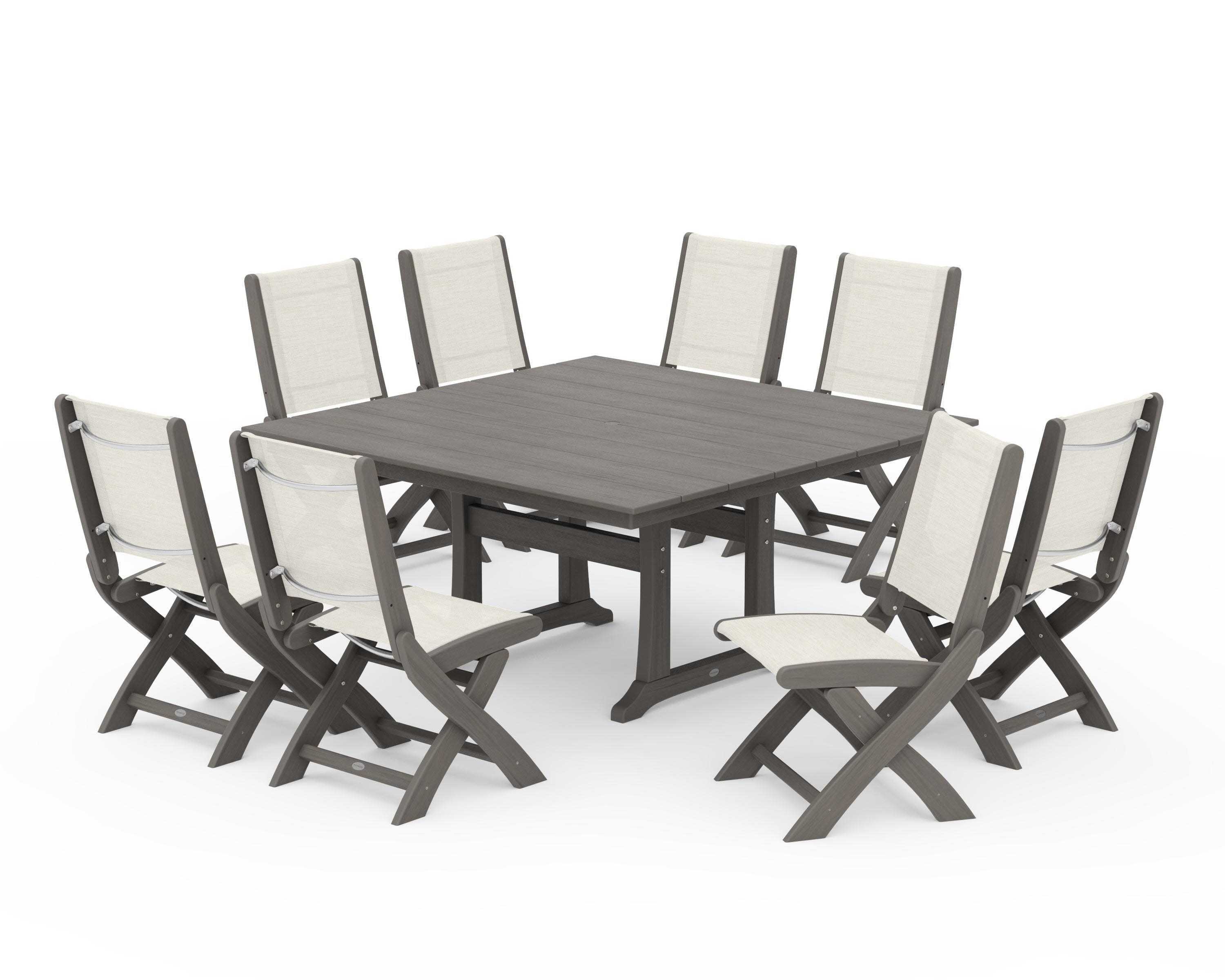 Coastal Folding Side Chair 9-Piece Farmhouse Dining Set in Driftwood / Parchment Sling