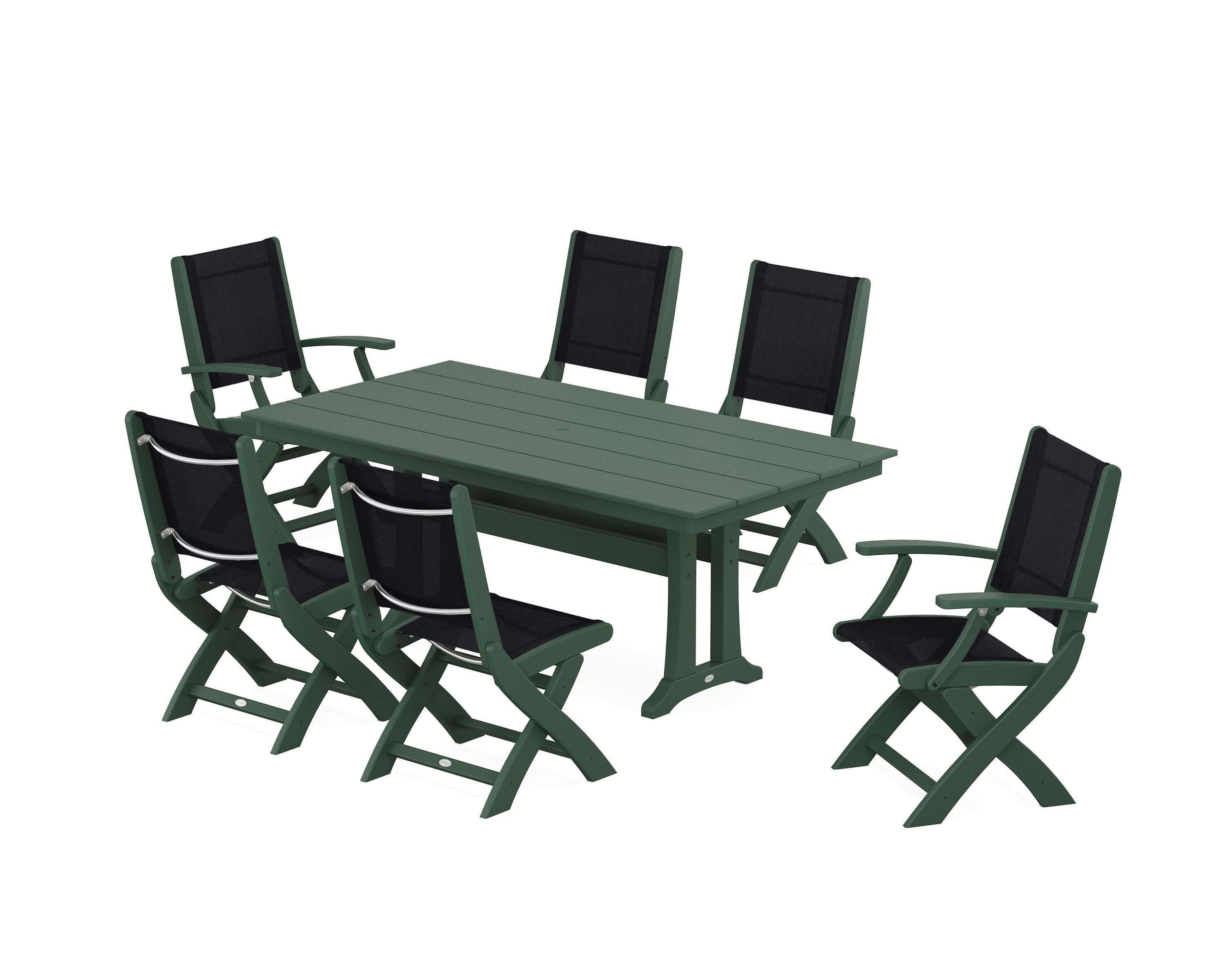 Coastal Folding Chair 7-Piece Farmhouse Dining Set with Trestle Legs in Green / Black Sling