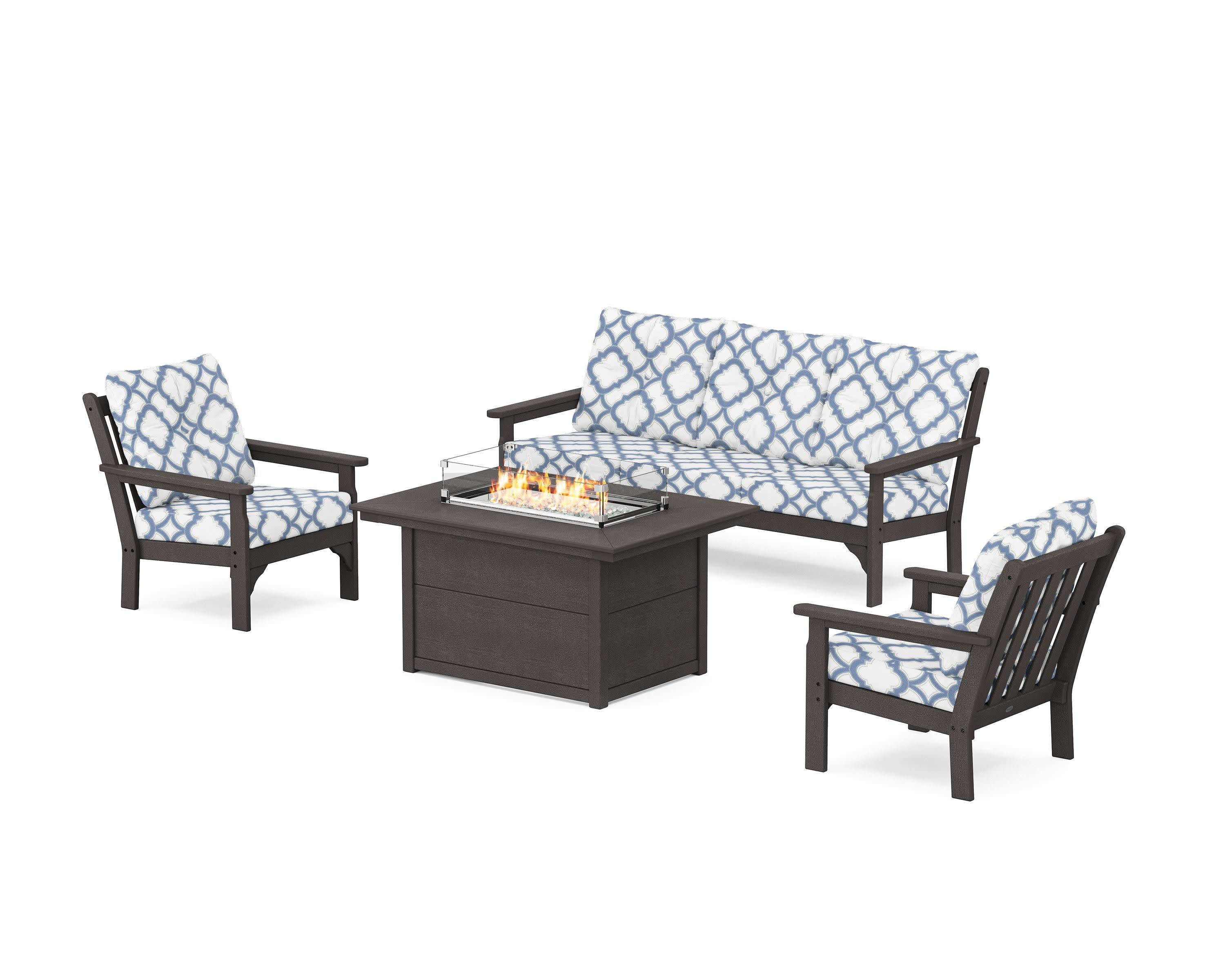 Vineyard Deep Seating Fire Pit Table Set in Vintage Coffee / Trellis Sky Blue